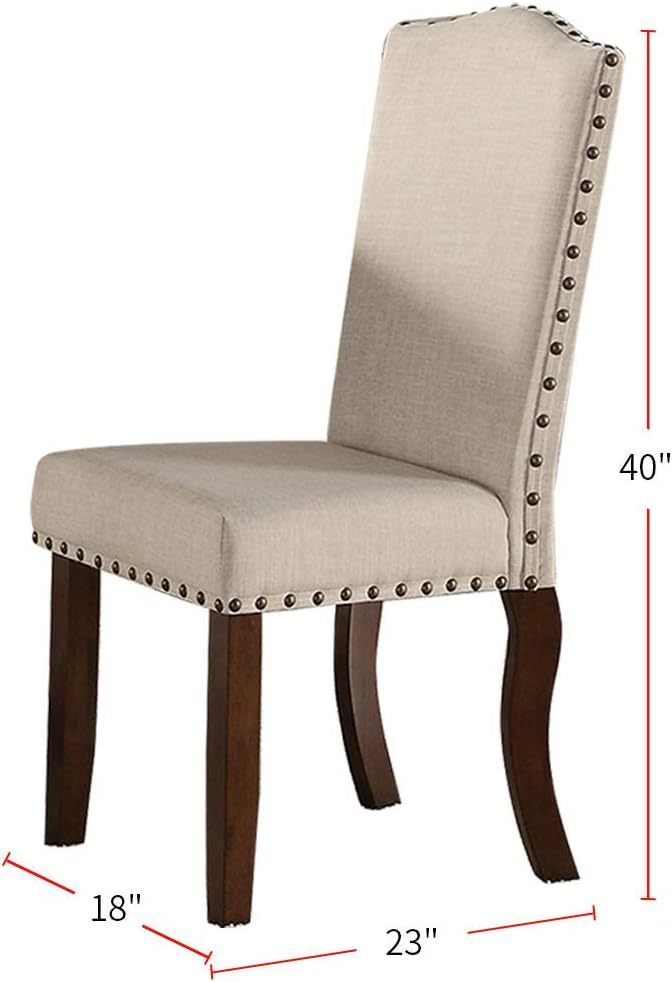 Classic Cream Upholstered Cushion Chairs Set of 2pc Dining Chair Nailheads Solid wood Legs Dining Room