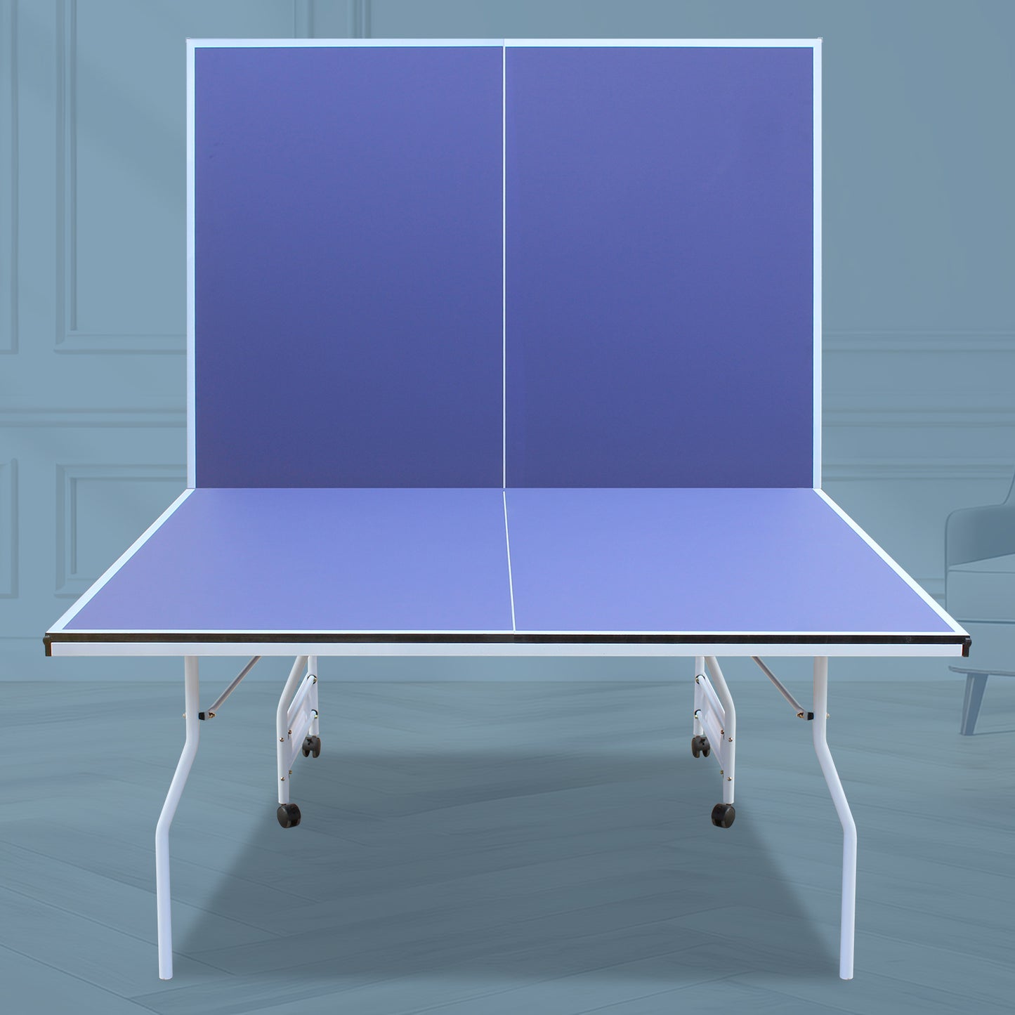 9ft Mid-Size Table Tennis Table Foldable & Portable Ping Pong Table Set for Indoor Games with Net, 2 Table Tennis Paddles and 3 Balls