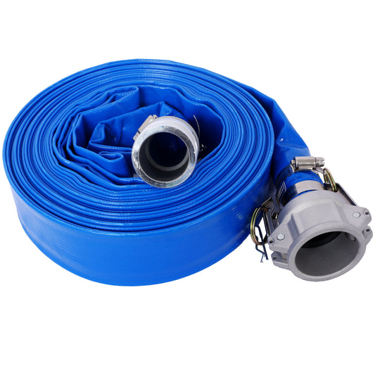 1.5' ID × 50 ft Pool Backwash Hose, Heavy Duty Reinforced Blue PVC Lay Flat Water Discharge Pump Hoses For Swimming Drain Pools and Clean Filters, with Aluminum Camlock C and E Fittings