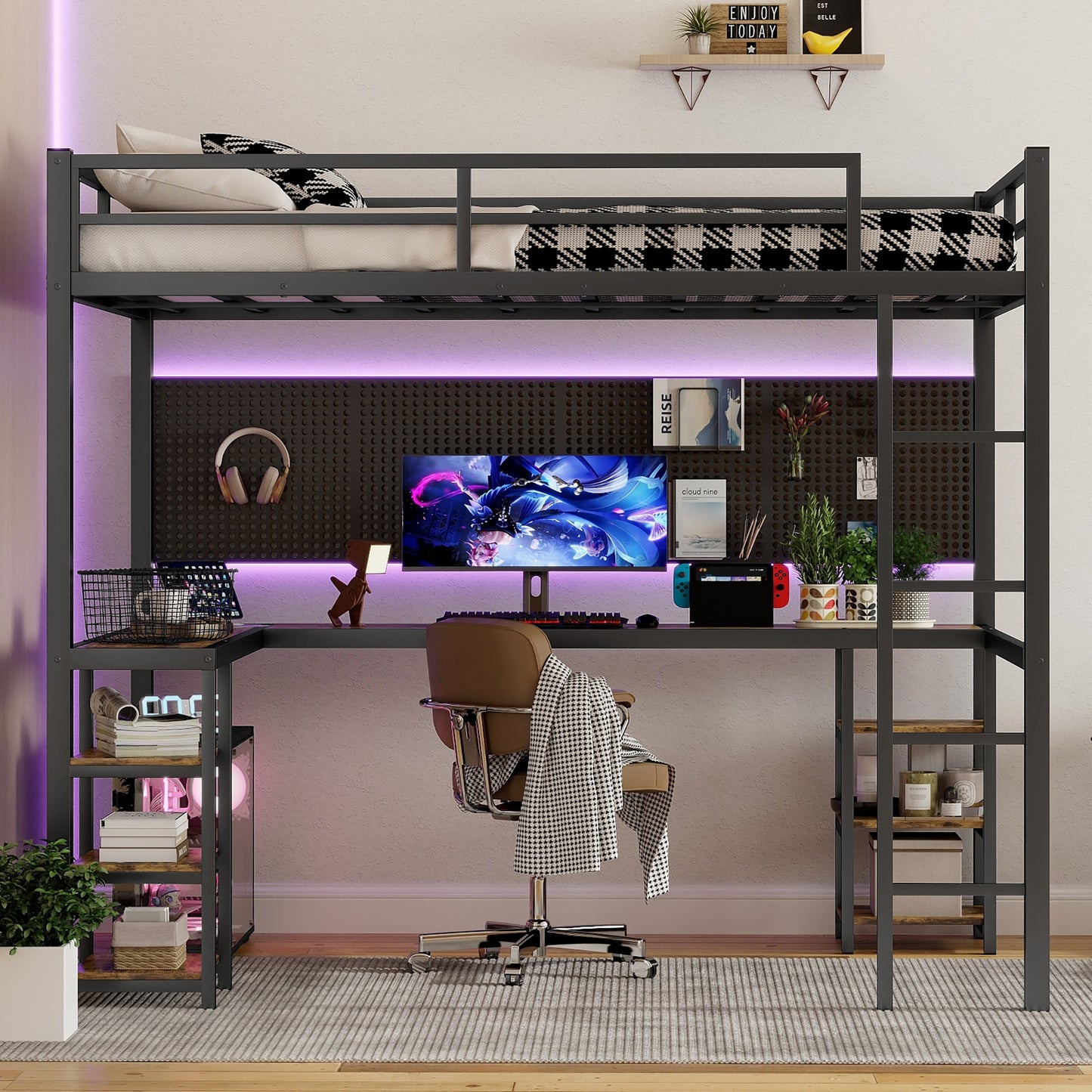 Full XL Metal Loft Bed with Desk and Shelves, Loft Bed with Ladder and Guardrails, Loft Bed Frame for Bedroom, Black