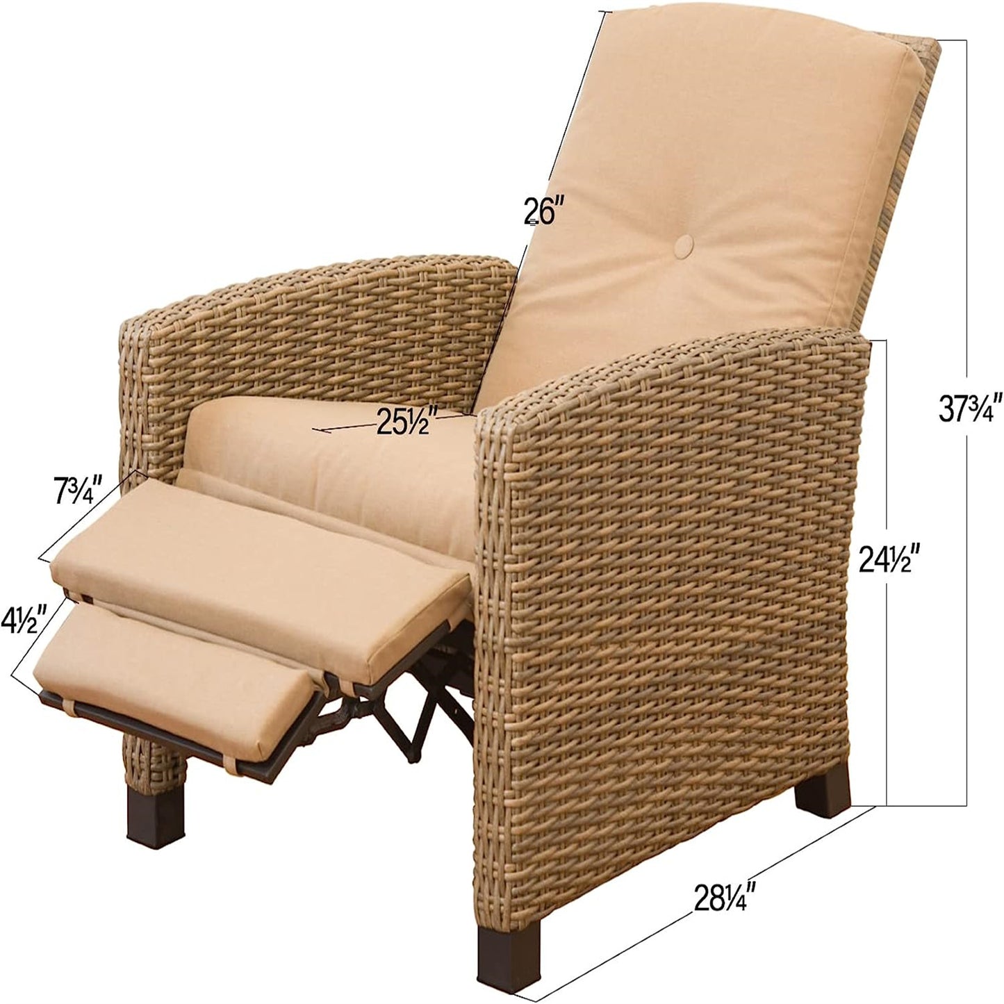 Indoor & Outdoor Recliner, All-Weather Wicker Reclining Patio Chair, Khaki Cushion (Khaki,1 Chair)