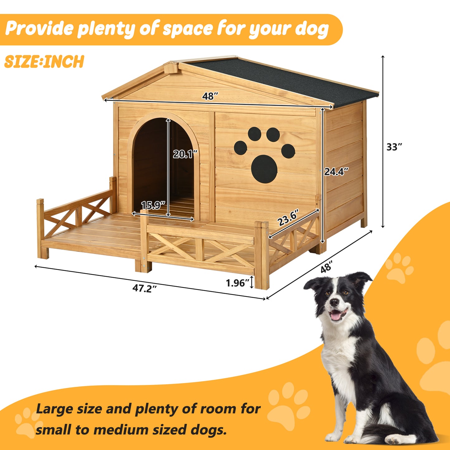 48" Wooden Dog House Outdoor with Porch, Dog Kennel with Water-Resistant Asphalt Roof and Fencing,Indoor & Outdoor Dog Crate with Paw Print, Medium, Nature