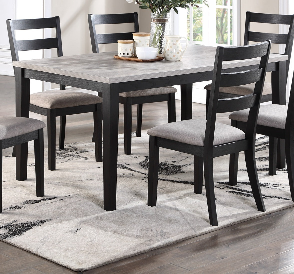 Rustic Charcoal Wooden Table 7pc Dining Set Dining Room Furniture Ladder back Side Chairs Cushion Seat light 2-Tone Sand Fabric.