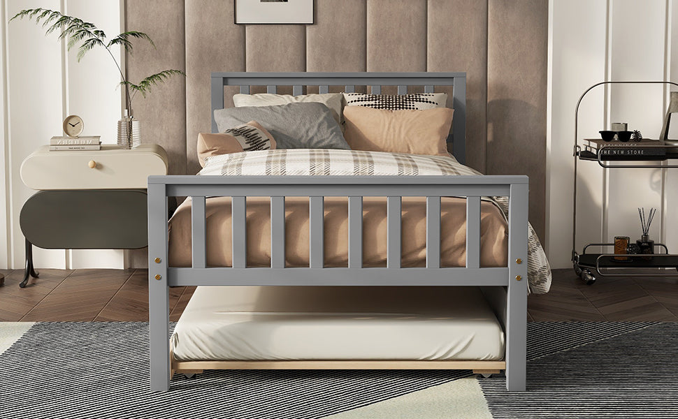 Twin Bed with Trundle, Platform Bed Frame with Headboard and Footboard, for Bedroom Small Living Space,No Box Spring Needed,Grey(Old SKU:W50422210)