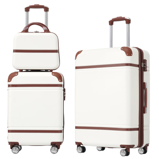 Hardshell Luggage Sets 3 Pieces 20'+24' Luggages and Cosmetic Case Spinner Suitcase with TSA Lock  Lightweight,White