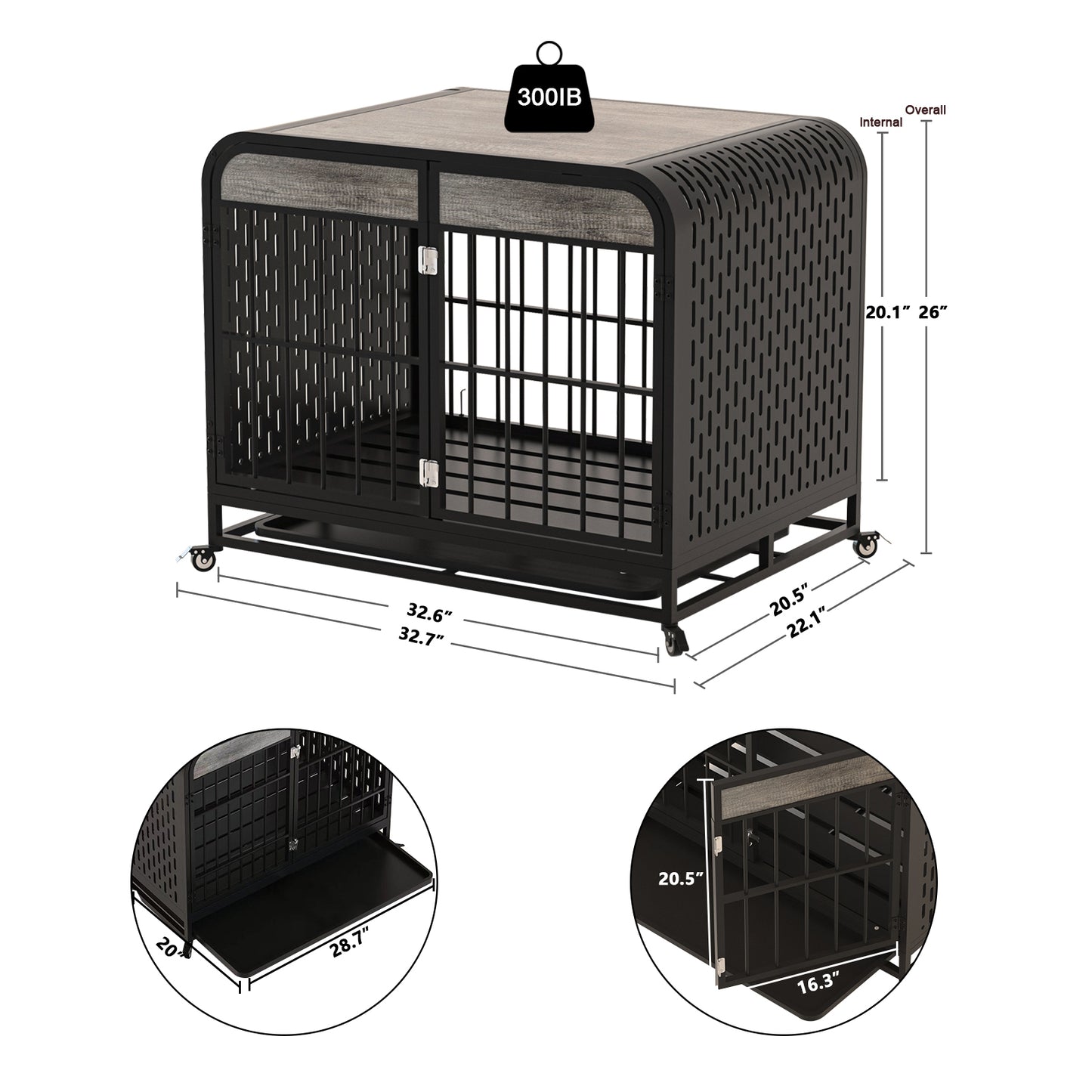 Heavy Duty Dog Crate Furniture Wooden Table Pet Dog Cage Kennel House Indoor Side End Table Decor with Removable Trays and Lockable Wheels for Small Dogs 33" Grey