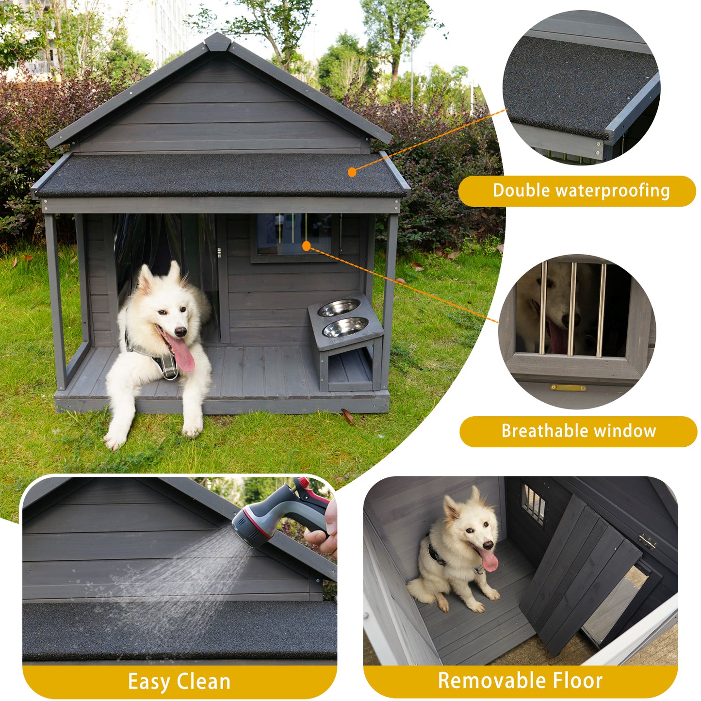 Large balcony dog house, length 44.2" x width 44.6 "x height 44.6" Solid wood asphalt roof dog house with large terrace, weatherproof large dog house, cleaning mat, feeding bowl