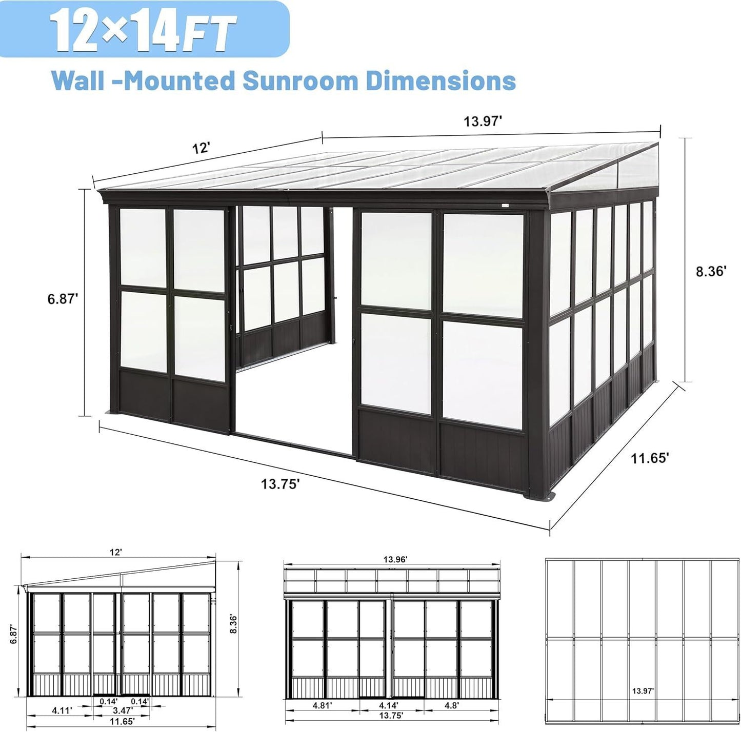 12x14FT All Season Sunroom, Outdoor Permanent Wall Mounted Solarium with Detachable Polycarbonate Windows, Aluminum Lean to Gazebo Sun Room with 2 Lockable Sliding Doors for Garden Patio Deck