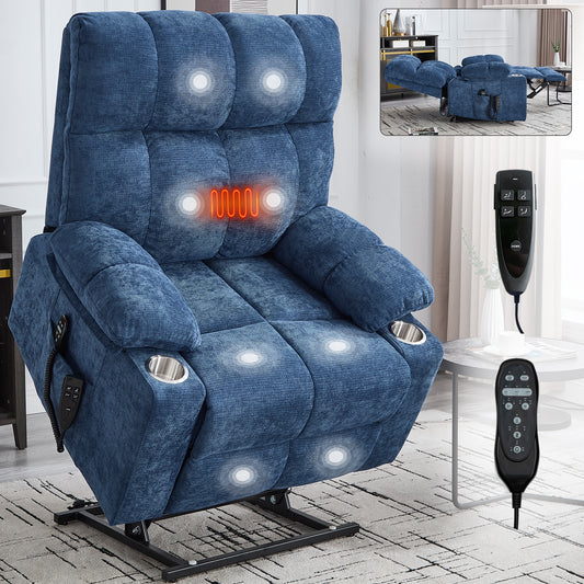 Blue Dual Motor Infinite Position Up to 350 LBS Chenille Power Lift Recliner Chair, Heavy Duty Motion Mechanism with 8-Point Vibration Massage and Lumbar Heating, Dual Cup Holders