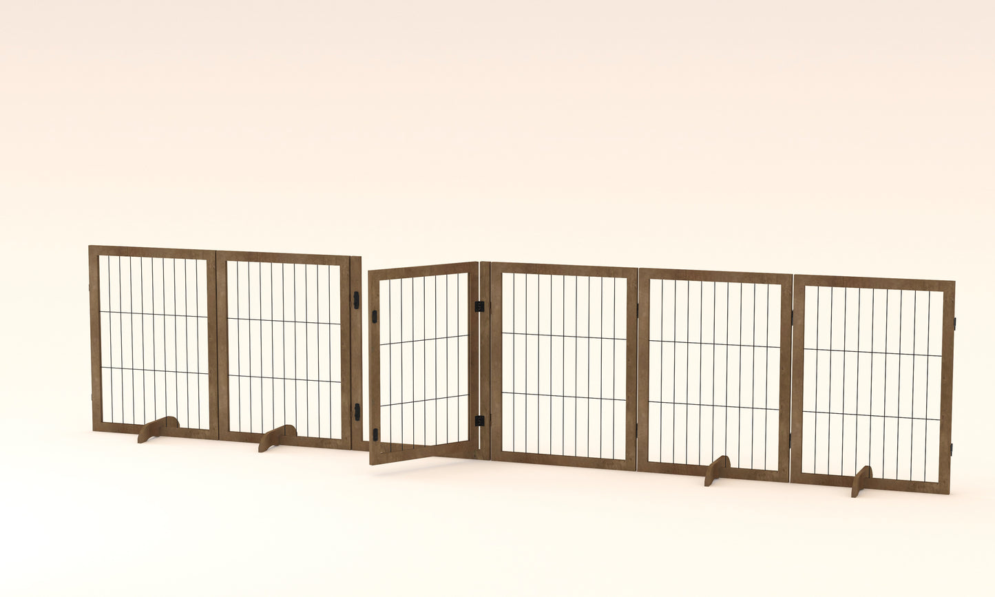 Dog Gate with Door Pet Dog Fence Barrier 6 Panels 144-inch Wide 32-inch Tall Foldable Multiple Shapes Freestanding with Support Feet Indoor Use for House Doorway Stairs Plant Stand