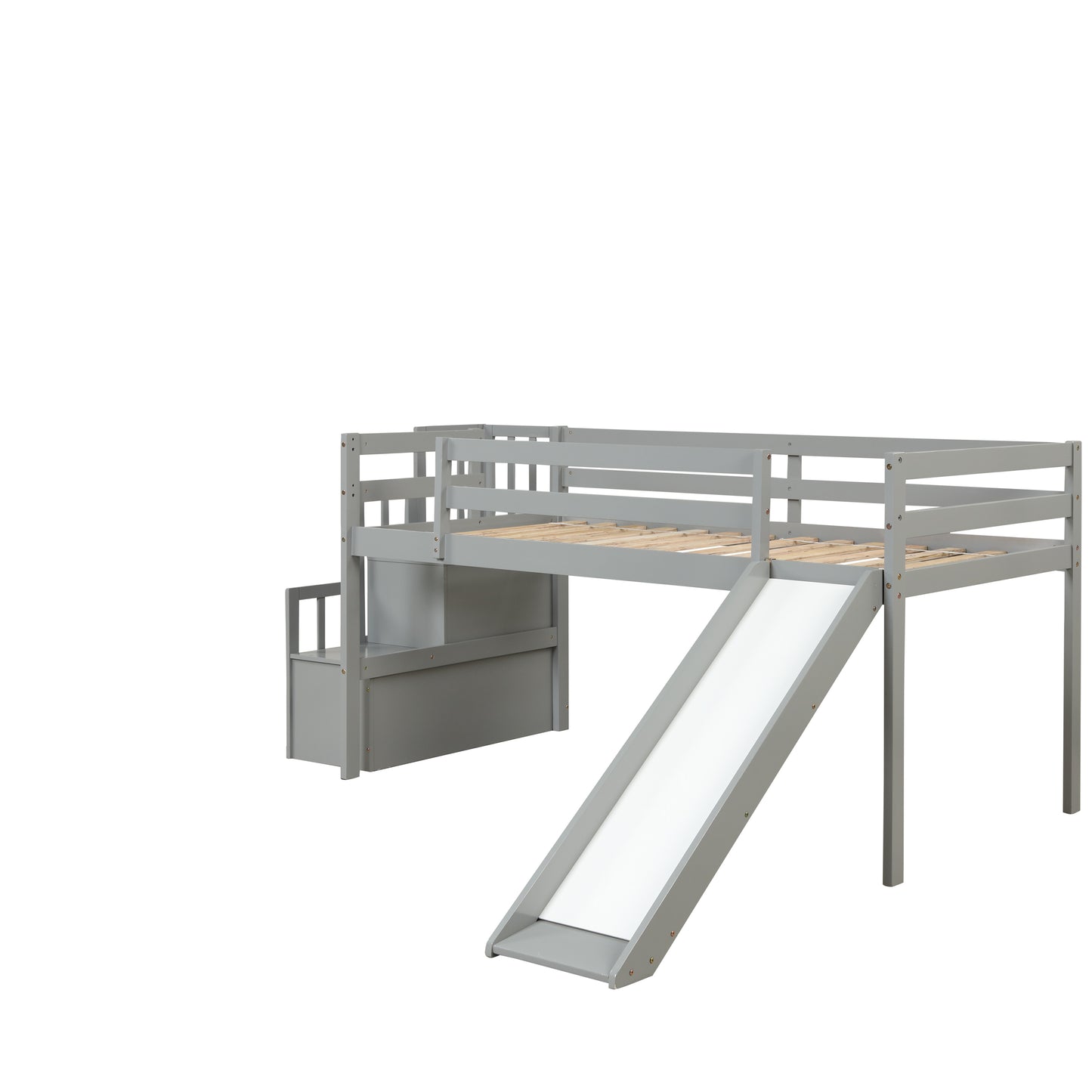 Loft Bed with Staircase, Storage, Slide, Twin size, Full-length Safety Guardrails, No Box Spring Needed, Grey (Old Sku:W504S00005)