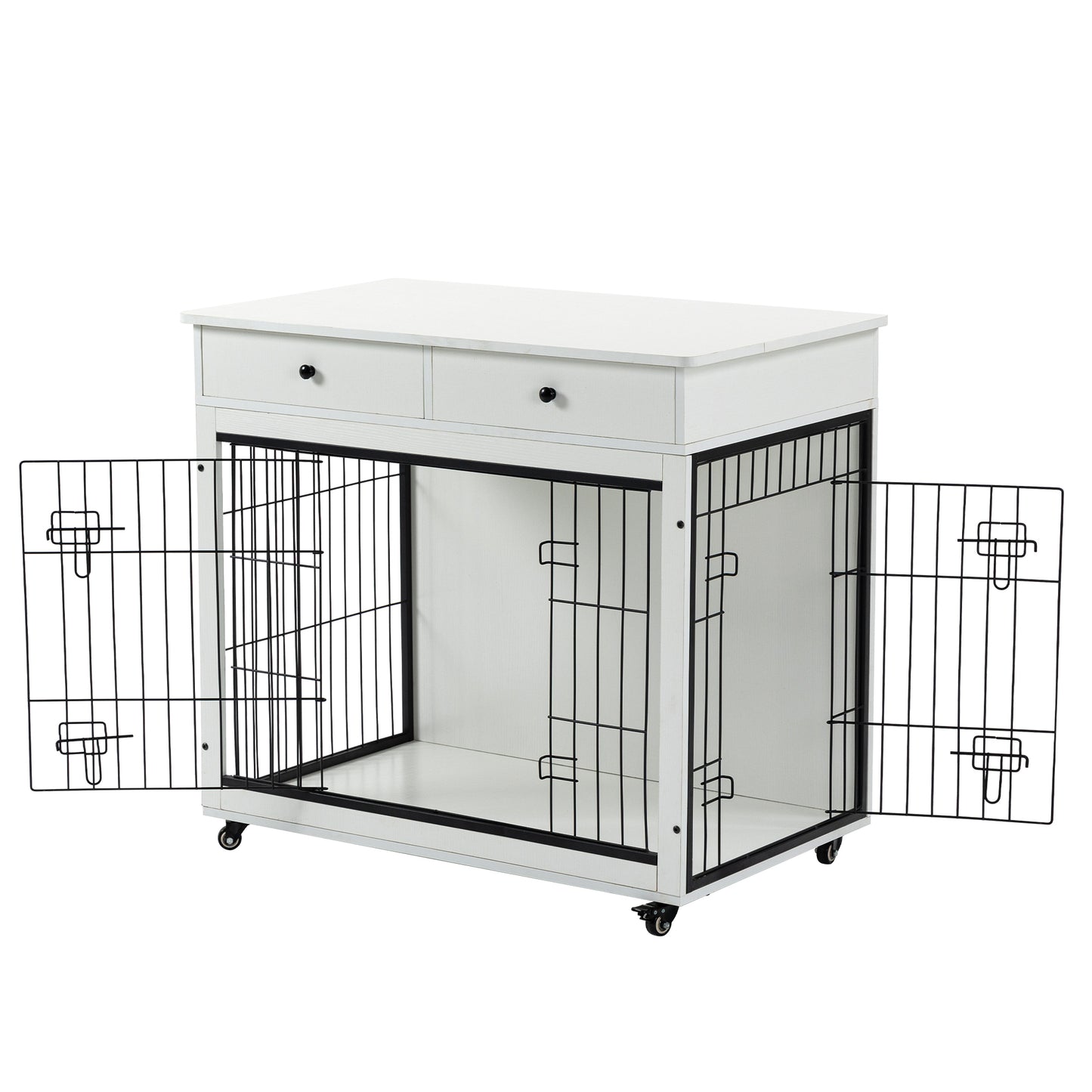 Dog Crate Furniture, Wooden Dog Crate End Table, 38.4 Inch Dog Kennel with 2 Drawers Storage, Heavy Duty Dog Crate, Decorative Pet Crate Dog Cage for Large Indoor Use (White) 38.4" L×23.2" W×35" H