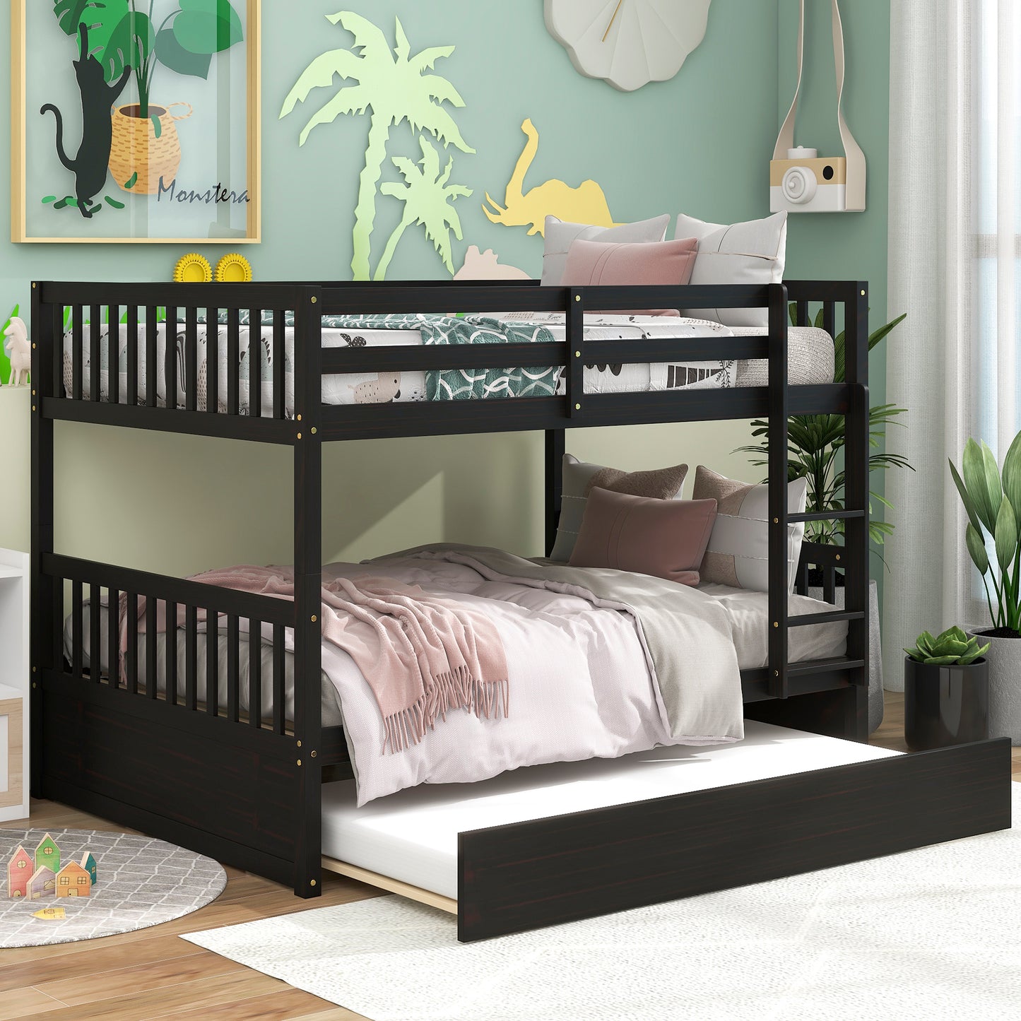 Full Over Full Bunk Bed with Trundle,Espresso