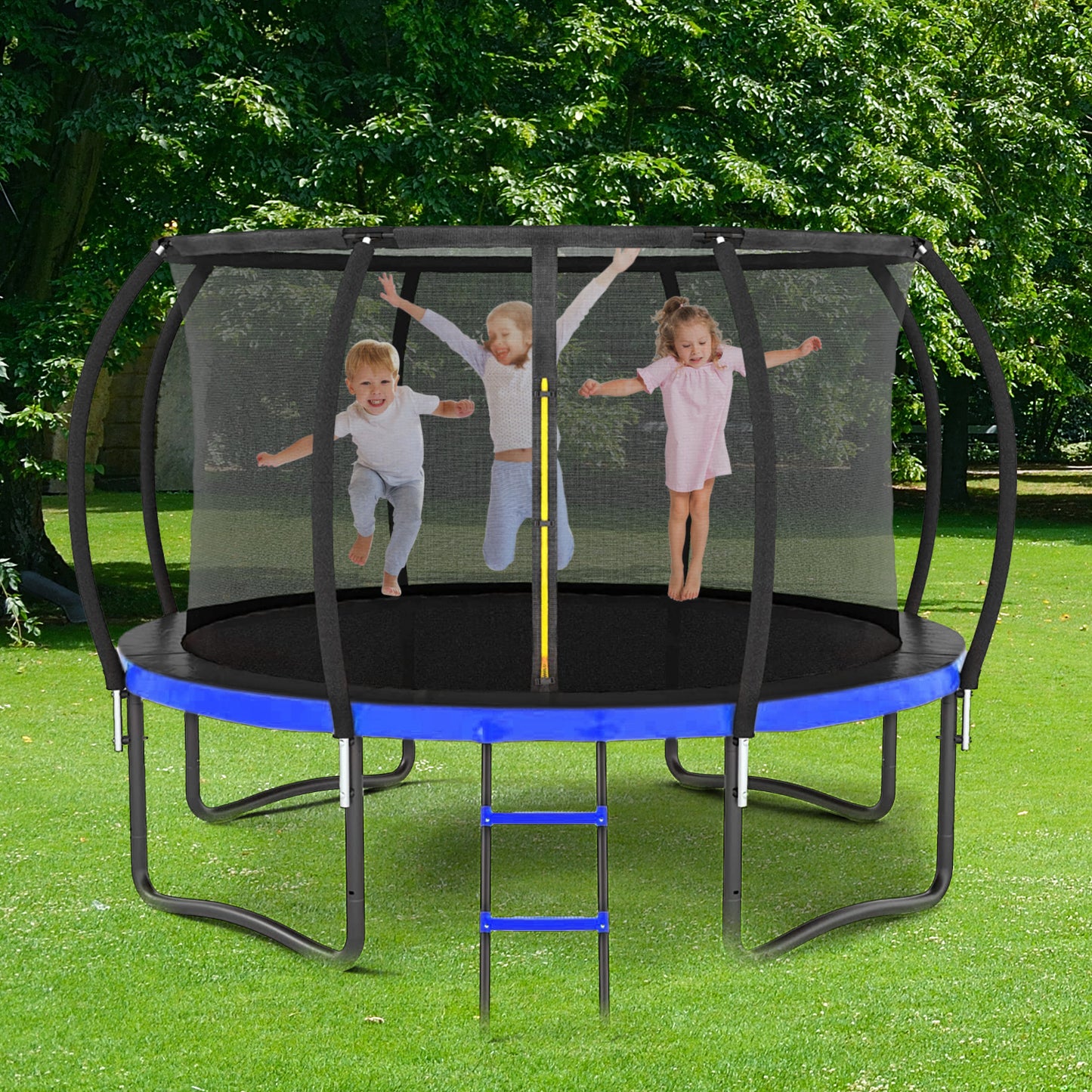 14FT Outdoor Big Trampoline With Inner Safety Enclosure Net, Ladder, PVC Spring Cover Padding, For Kids, Black&Blue Color