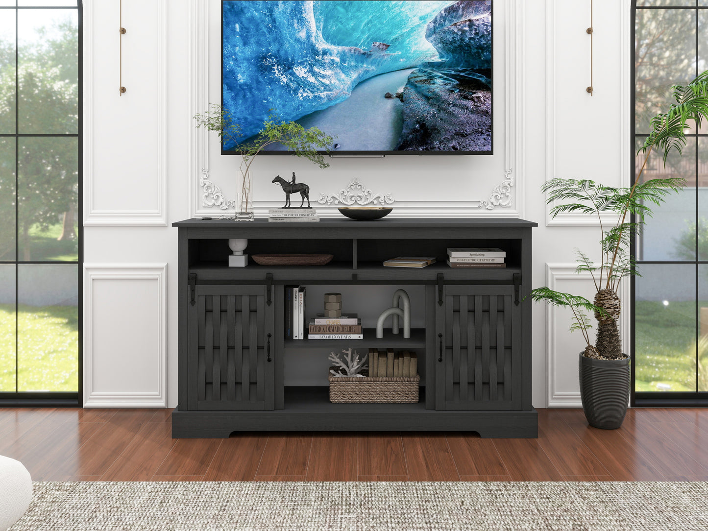 Fireplace TV Stand for TVs up to 65", Entertainment Center with 23" Electric Fireplace, Farmhouse TV Stand Industrial Media Console with Sliding Barn Door for Living Room, 58 Inch