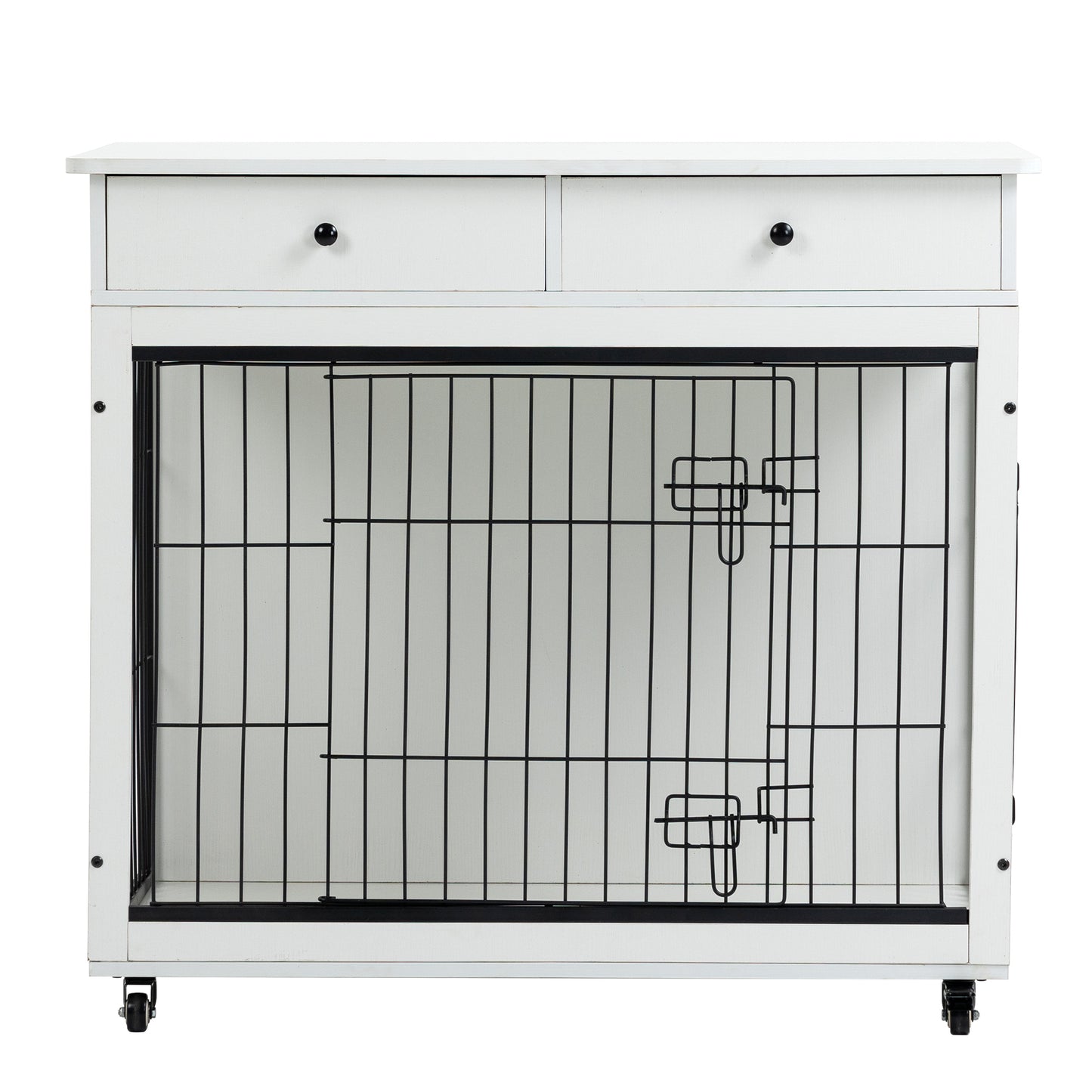 Dog Crate Furniture, Wooden Dog Crate End Table, 38.4 Inch Dog Kennel with 2 Drawers Storage, Heavy Duty Dog Crate, Decorative Pet Crate Dog Cage for Large Indoor Use (White) 38.4" L×23.2" W×35" H