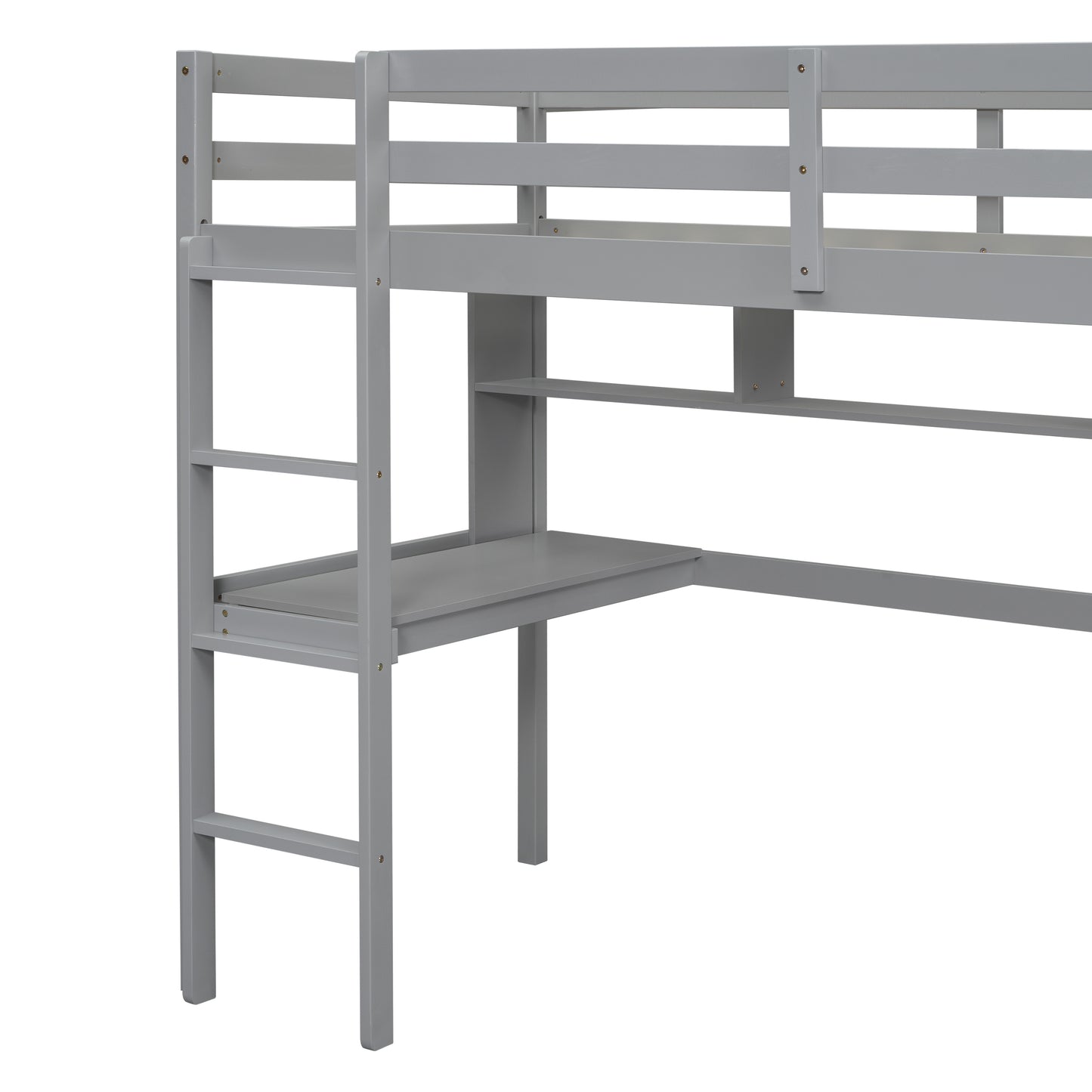 Twin Size Loft Bed with desk and shelves, Safety Guardrail and ladder,Grey