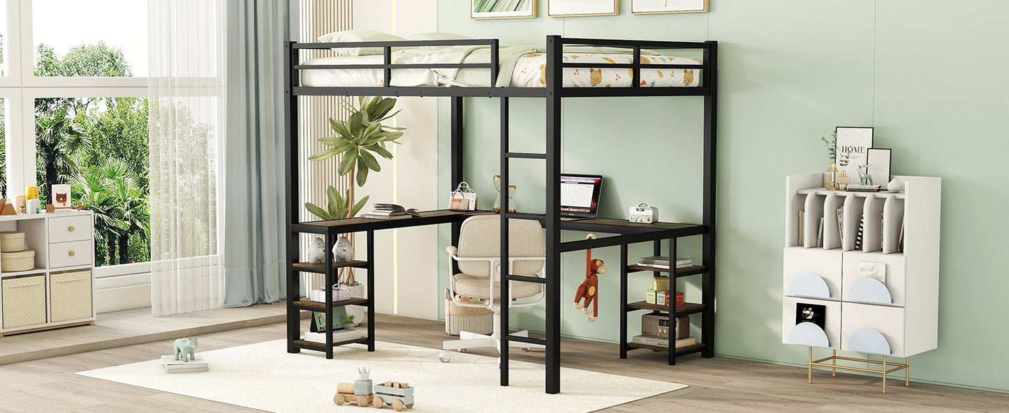 Full Metal Loft Bed with Desk and Shelves, Loft Bed with Ladder and Guardrails, Loft Bed Frame for Bedroom, Black (Old SKU: W1307S00018)