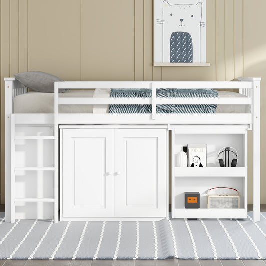 Twin Loft Bed with Storage Cabinet, Drawer and Shelf Cabinet and Pulling-Out Desk, Rubber Wood Loft Bed with Safety Guardrail, Ladder,White