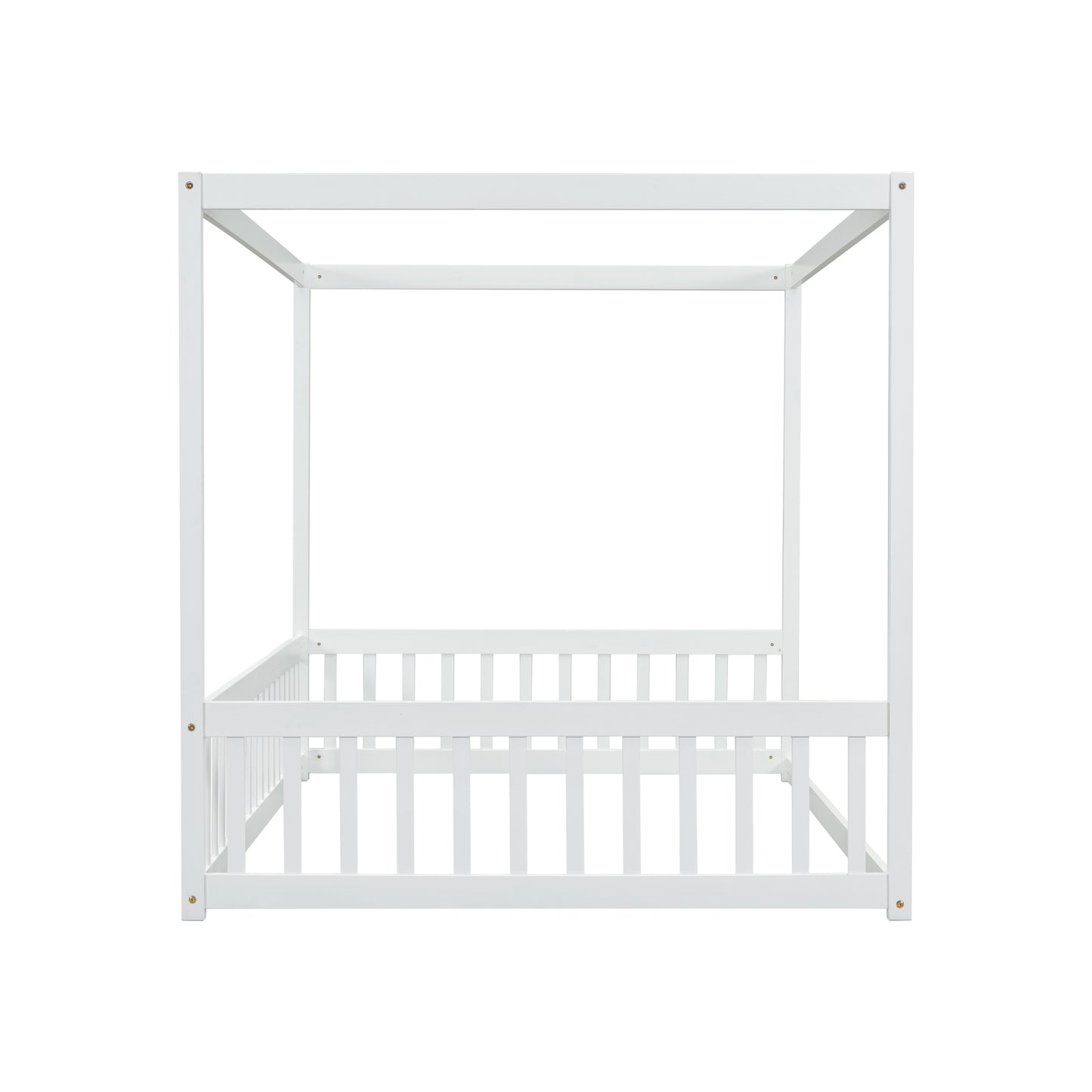 Full Size Canopy Frame Floor Bed with Fence, Guardrails,White