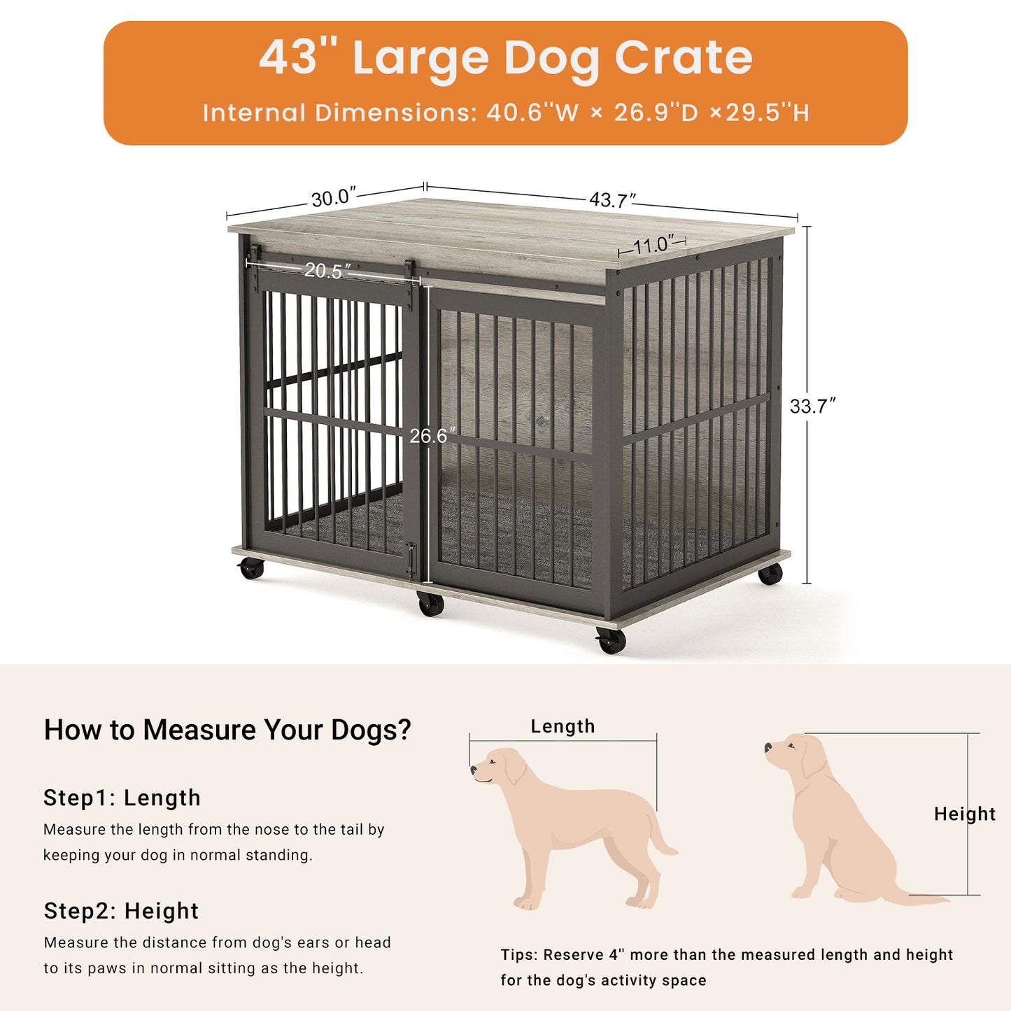 Furniture dog crate sliding iron door dog crate with mat. (Grey,43.7''W x 30''D x 33.7''H)