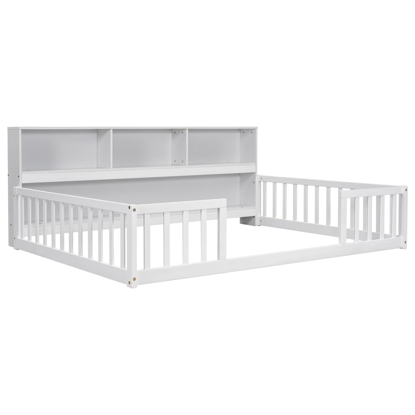 Full Floor Bed with Side Bookcase,Shelves,Guardrails,White