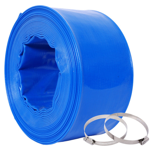 3'x50FtPool Backwash Hose, Blue Heavy Duty Reinforced PVC Lay Flat Water Discharge Hose for Swimming Pool Filter Pump,with 2 Clamp