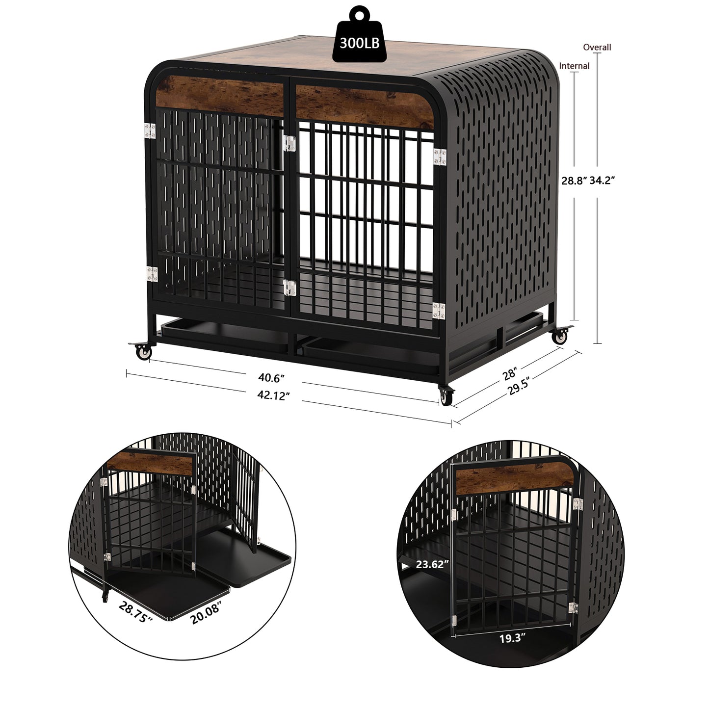 Heavy Duty Dog Crate Furniture Wooden Table Pet Dog Cage Kennel House Indoor Side End Table Decor with Removable Trays and Lockable Wheels for Medium and Large Dogs 42" Brown