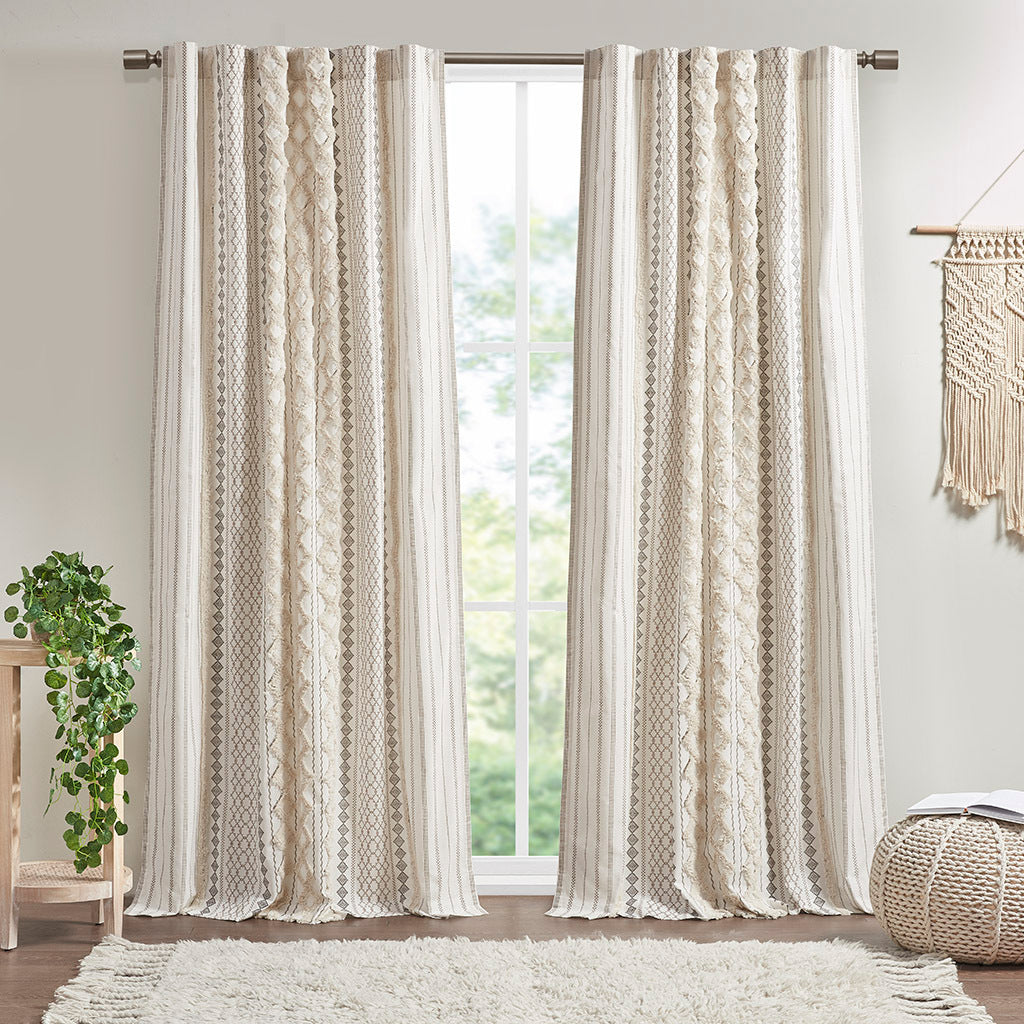 Cotton Printed Curtain Panel with Chenille Stripe and Lining Ivory 50x84'