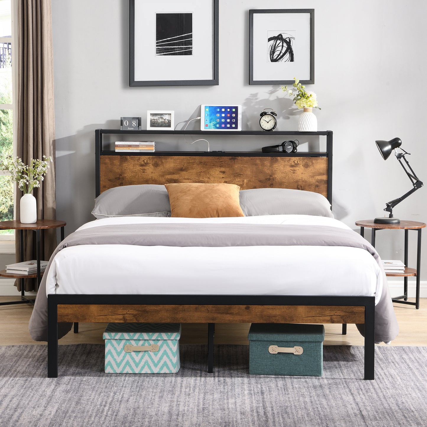 Queen Size  Metal Platform Bed Frame with Wooden Headboard and Footboard with USB LINER, No Box Spring Needed, Large Under Bed Storage, Easy Assemble