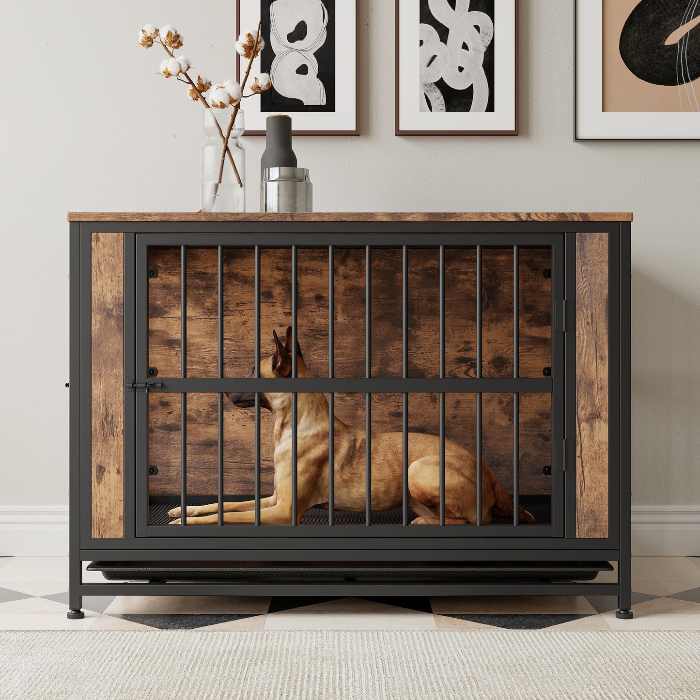 Dog Crate Furniture,  Wooden Dog Crate Table, 38.9" Dog Kennel with 2 Sliding Doors and Thick Iron Door Frame, Decorative Pet Crate House for Large/Medium/Small Dog Indoor Use(Rustic Brown)