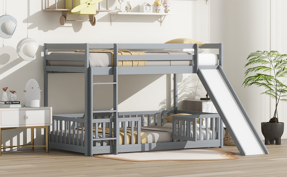 Twin Over Twin Floor Bunk Bed with Slide, Ladder, Door, Safety Guardrails, Solid Pine Wood Bunk Bed ,Grey