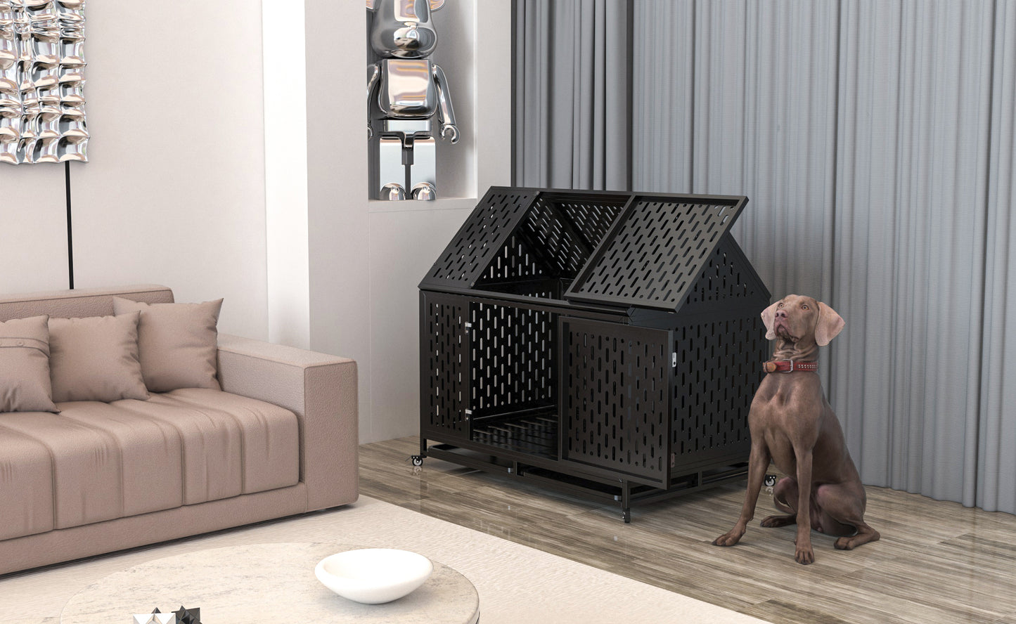 45" Heavy Duty Dog Crate 45 inch Durable Pet Dog Cage Crate Kennel with Roof Top 2 Doors Removable Trays, Lockable Wheels, Escape-Proof for High Anxiety Large/Extra Dogs