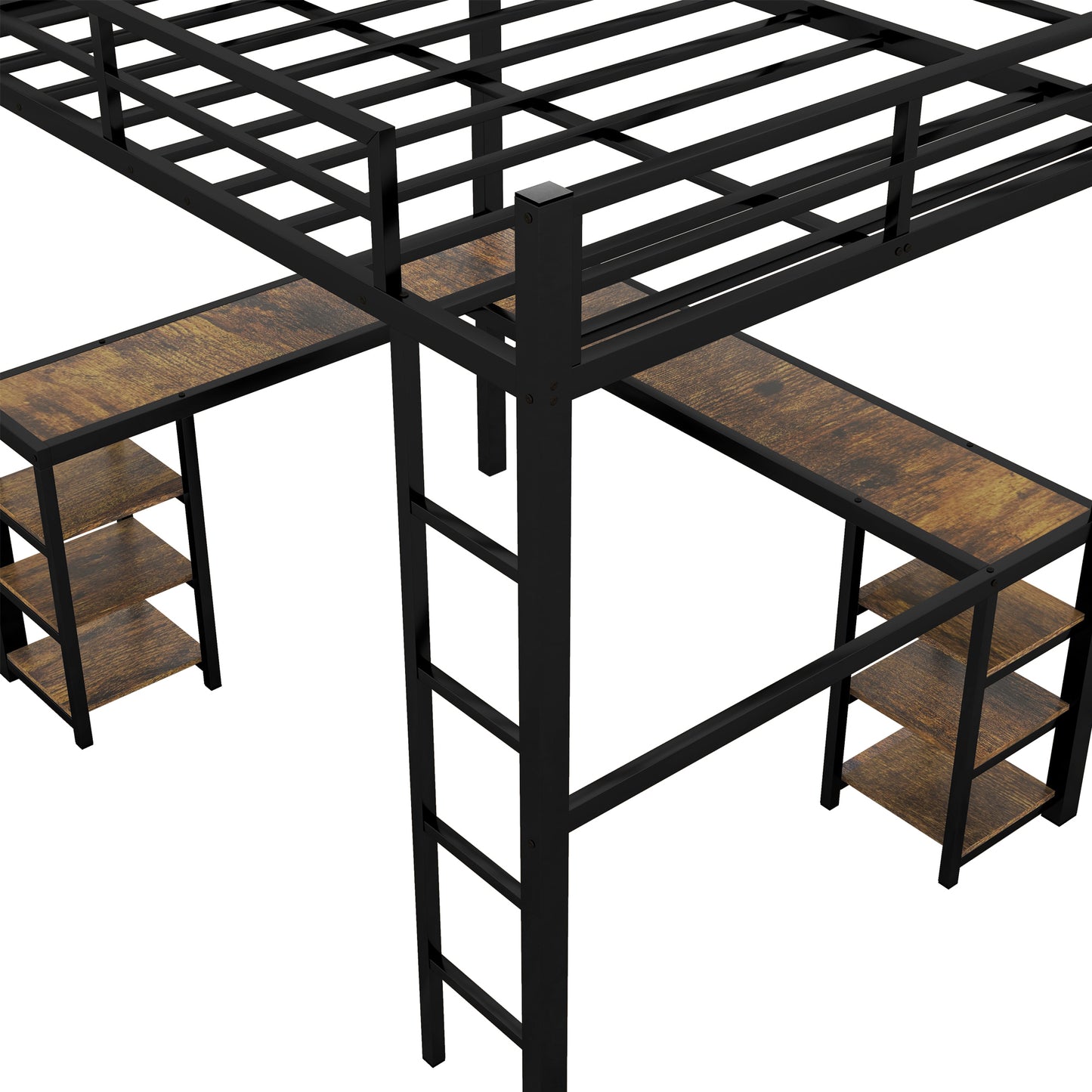 Full Metal Loft Bed with Desk and Shelves, Loft Bed with Ladder and Guardrails, Loft Bed Frame for Bedroom, Black (Old SKU: W1307S00018)