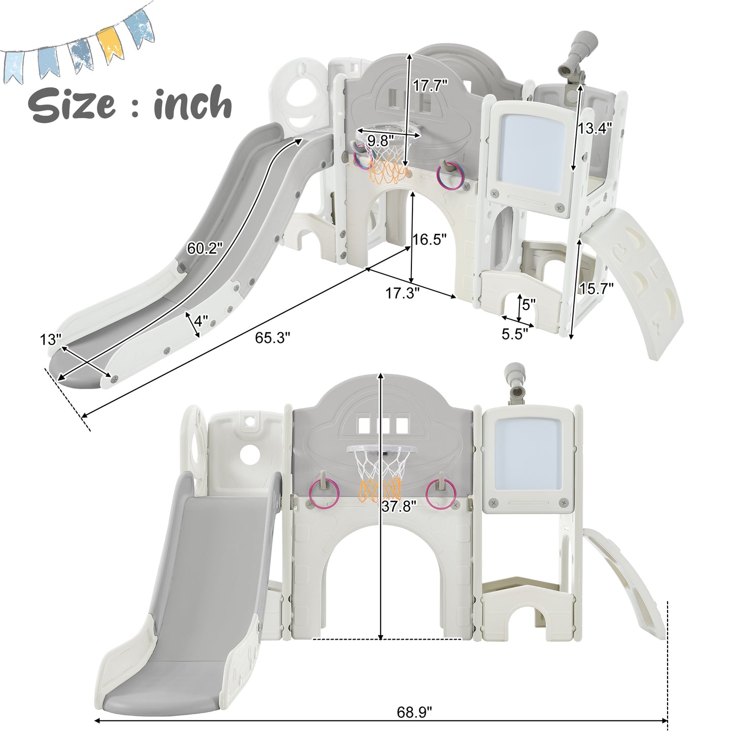 Kids Slide Playset Structure 9 in 1, Freestanding  Spaceship Set with Slide, Arch Tunnel, Ring Toss, Drawing Whiteboardl and Basketball Hoop for Toddlers, Kids Climbers Playground