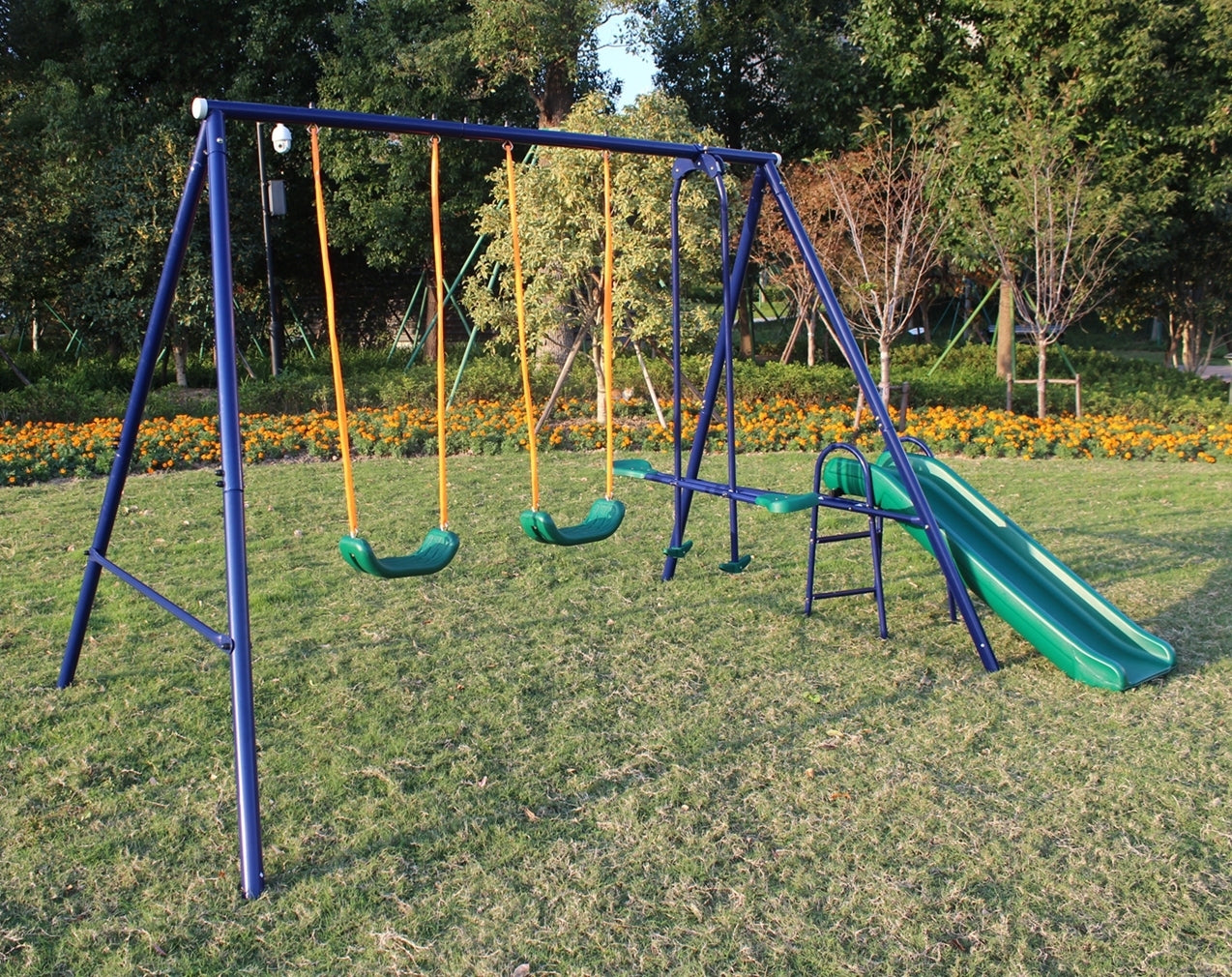 A-Frame Metal Swing Set w/ Slide (Blue, Green, Orange)