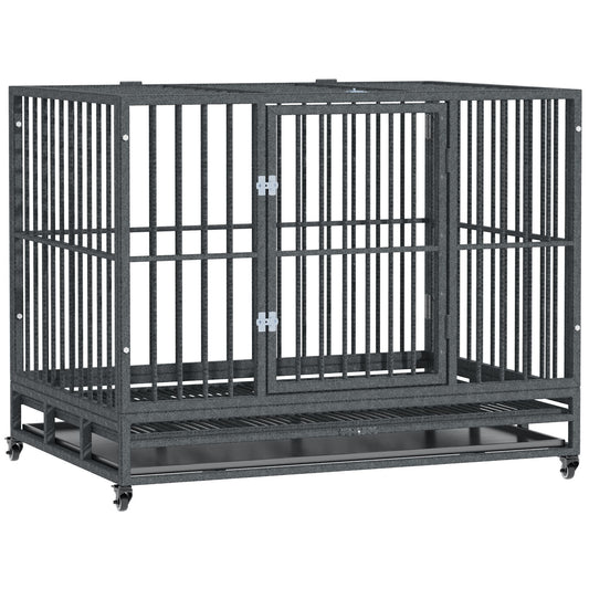 PawHut 43" Heavy Duty Dog Crate Metal Cage Kennel with Lockable Wheels, Double Door and Removable Tray, Grey