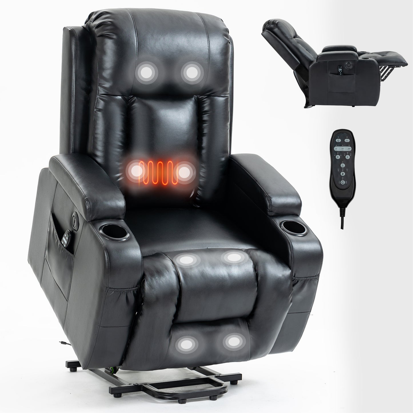 Infinite Position Up to 350 LBS Power Lift Recliner Chair for Elderly, Heavy Duty Motion Mechanism with 8-Point Vibration Massage and Lumbar Heating, USB Charging Port, Cup Holders, Black