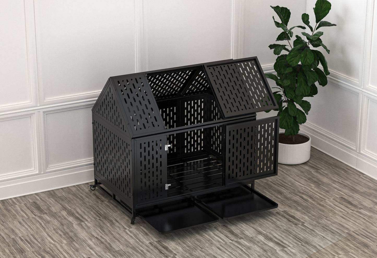 45" Heavy Duty Dog Crate 45 inch Durable Pet Dog Cage Crate Kennel with Roof Top 2 Doors Removable Trays, Lockable Wheels, Escape-Proof for High Anxiety Large/Extra Dogs