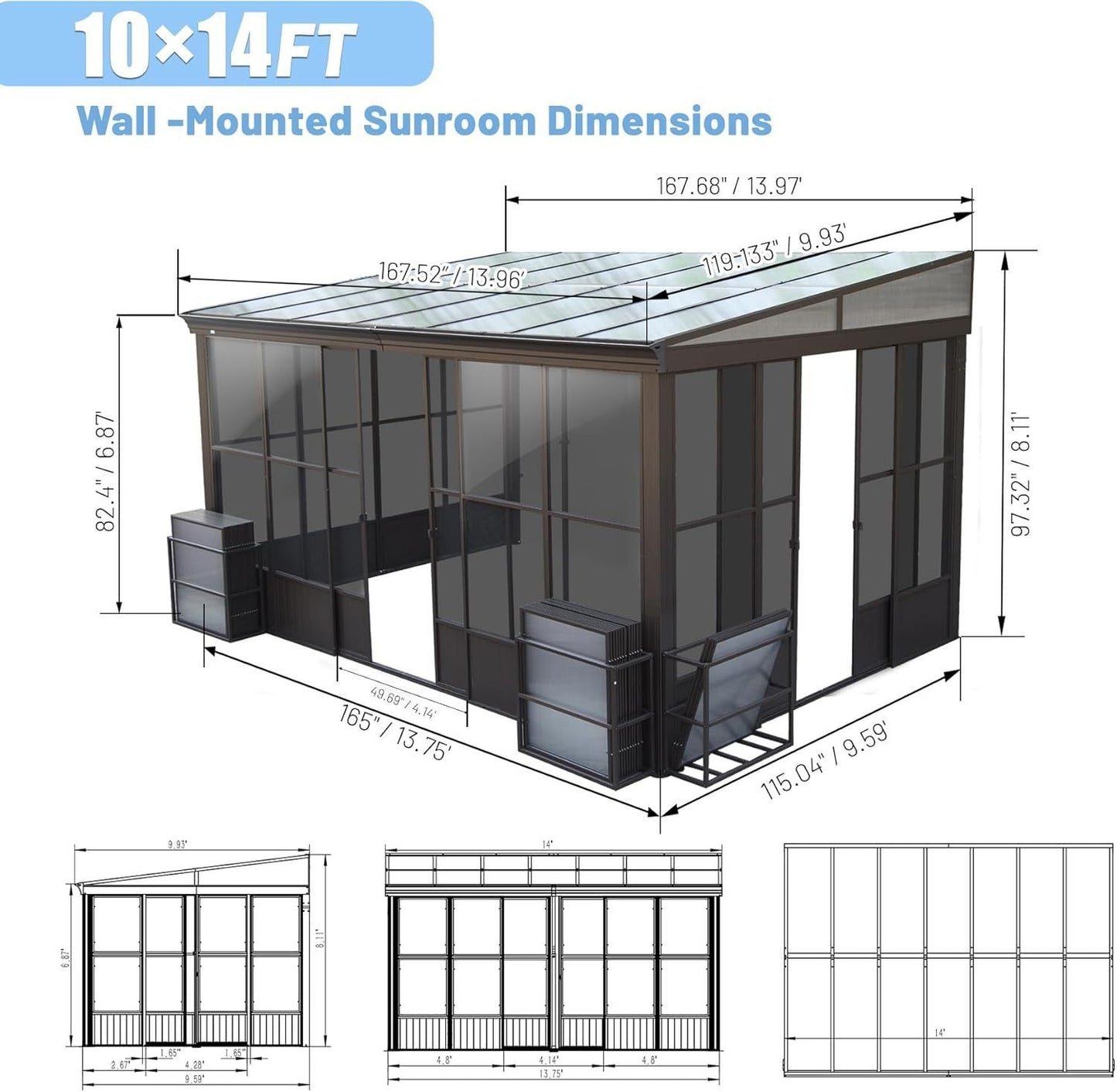 10x14FT All Season Sunroom, Outdoor Permanent Wall Mounted Solarium with Detachable Polycarbonate Windows, Aluminum Lean to Gazebo Sun Room with 2 Lockable Sliding Doors for Garden Patio Deck