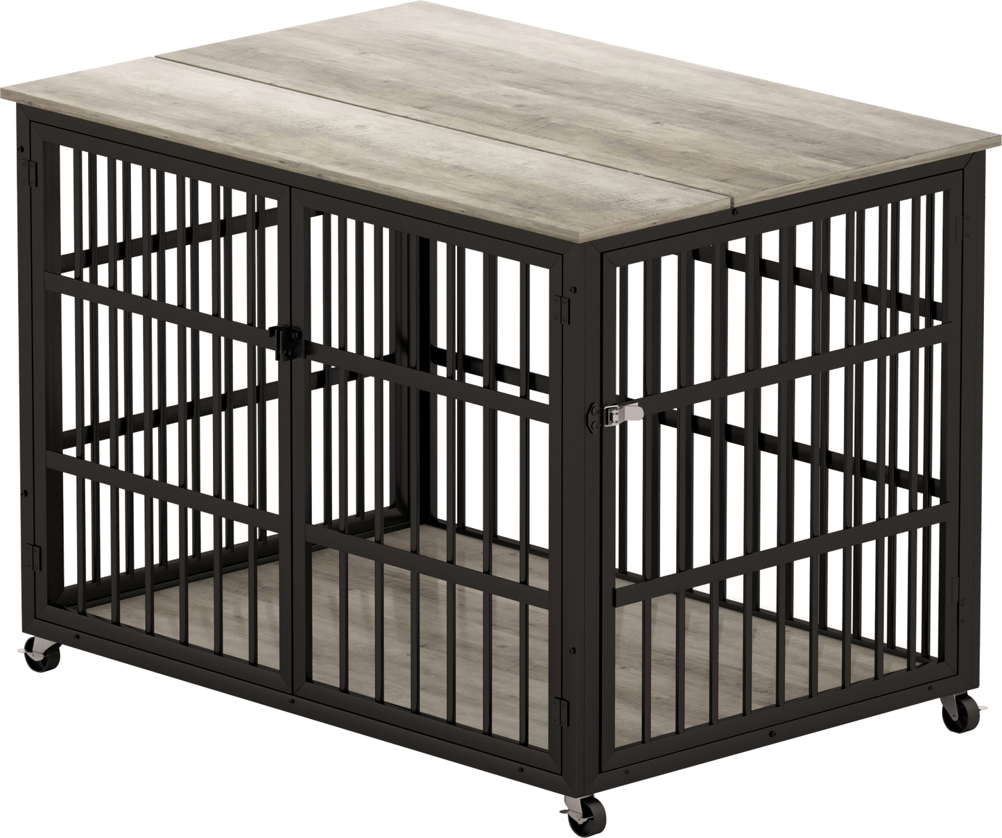 Furniture style dog crate wrought iron frame door with side openings, Grey, 43.3''W x 29.9''D x 33.5''H.