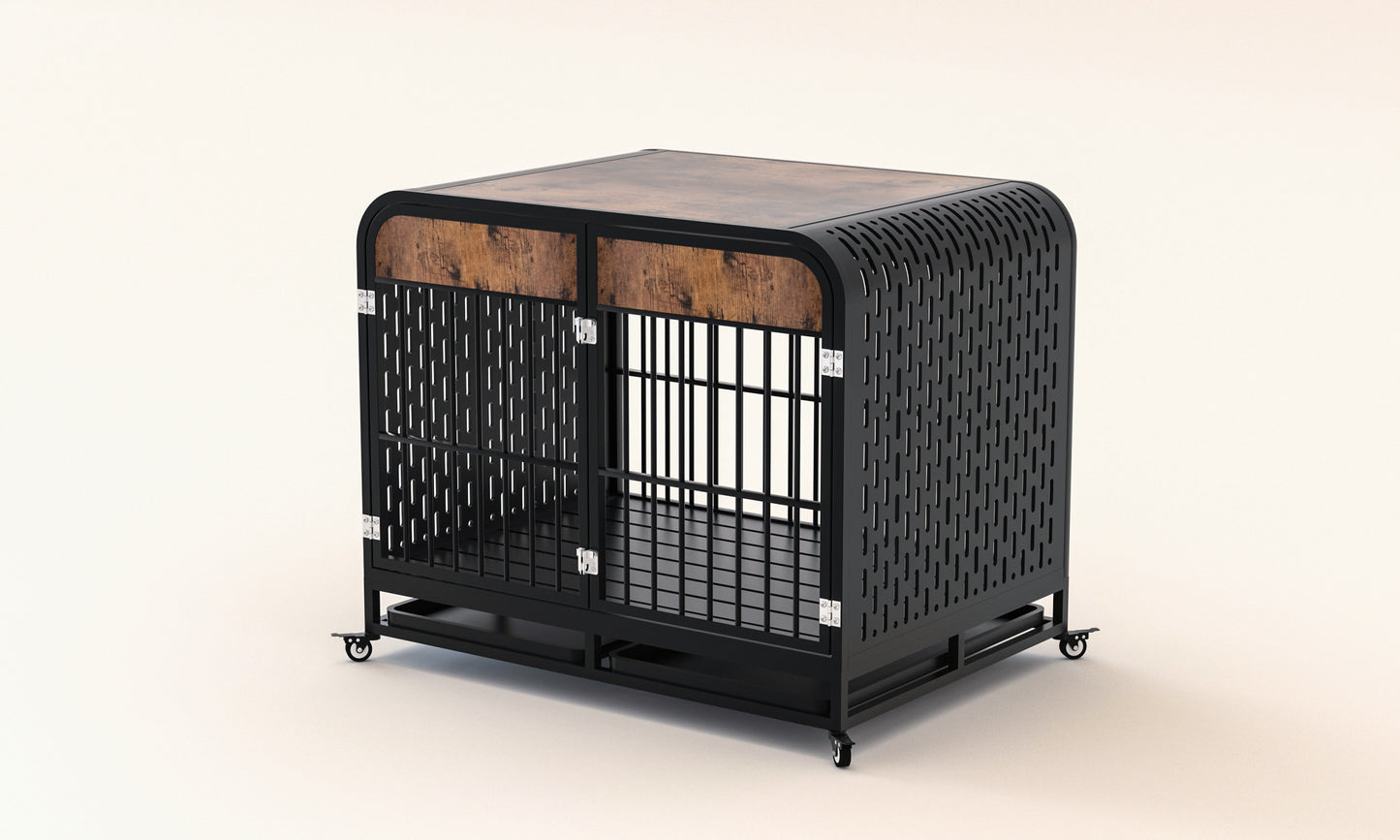 Heavy Duty Dog Crate Furniture Wooden Table Pet Dog Cage Kennel House Indoor Side End Table Decor with Removable Trays and Lockable Wheels for Medium and Large Dogs 42" Brown