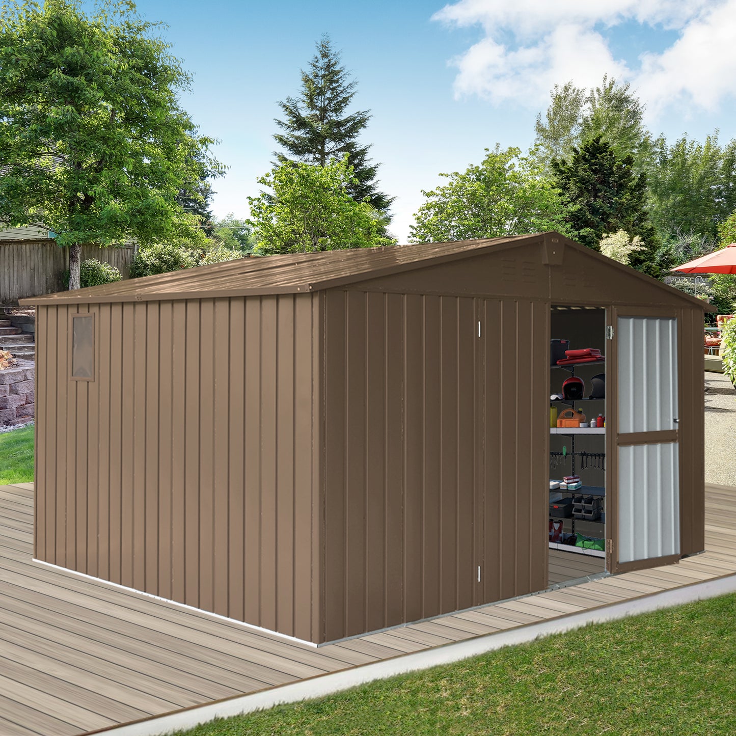 Backyard Storage Shed 11'x 9' with Galvanized Steel Frame & Windows, Outdoor Garden Shed Metal Utility Tool Storage Room with Lockable Door for Patio(Brown)