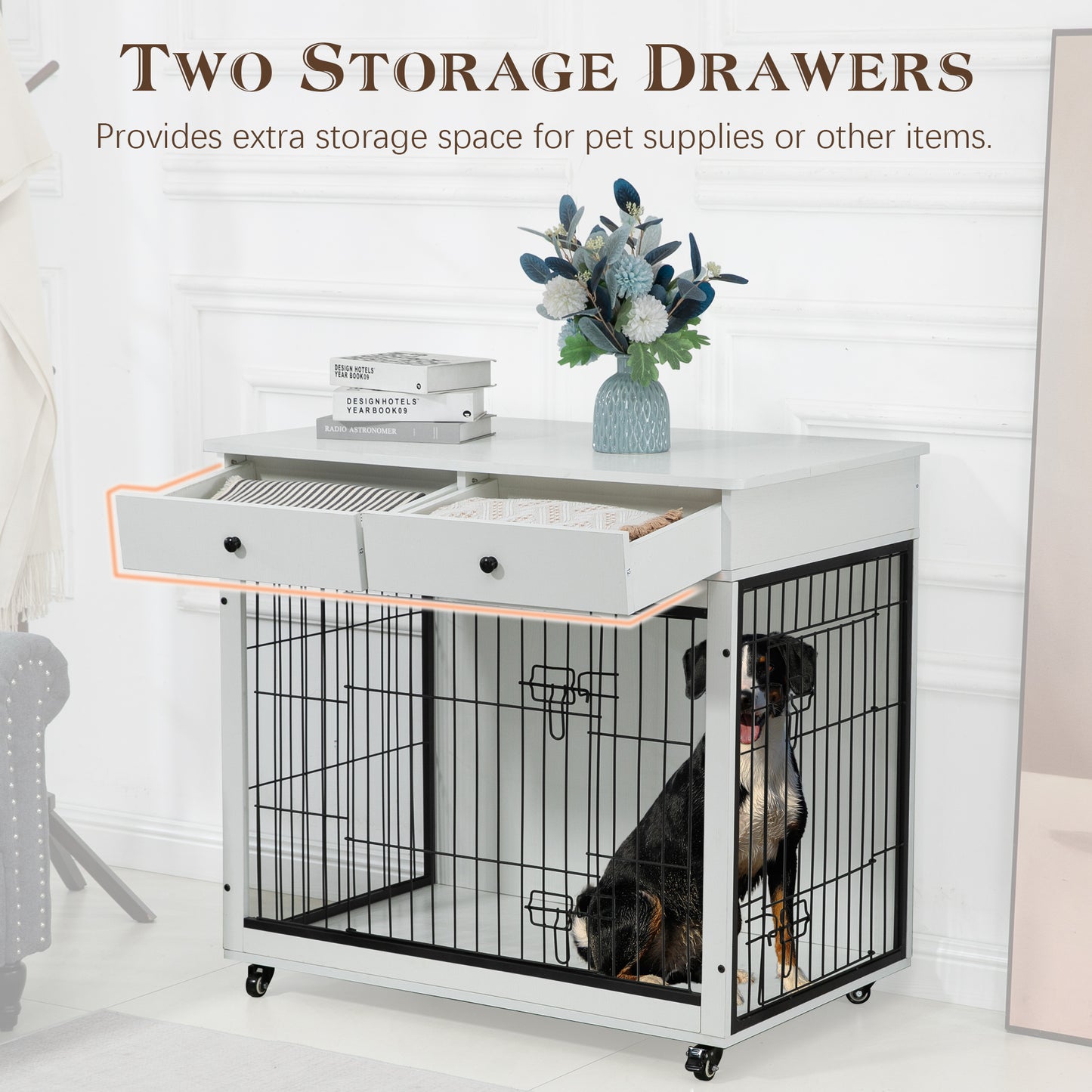 Dog Crate Furniture, Wooden Dog Crate End Table, 38.4 Inch Dog Kennel with 2 Drawers Storage, Heavy Duty Dog Crate, Decorative Pet Crate Dog Cage for Large Indoor Use (White) 38.4" L×23.2" W×35" H