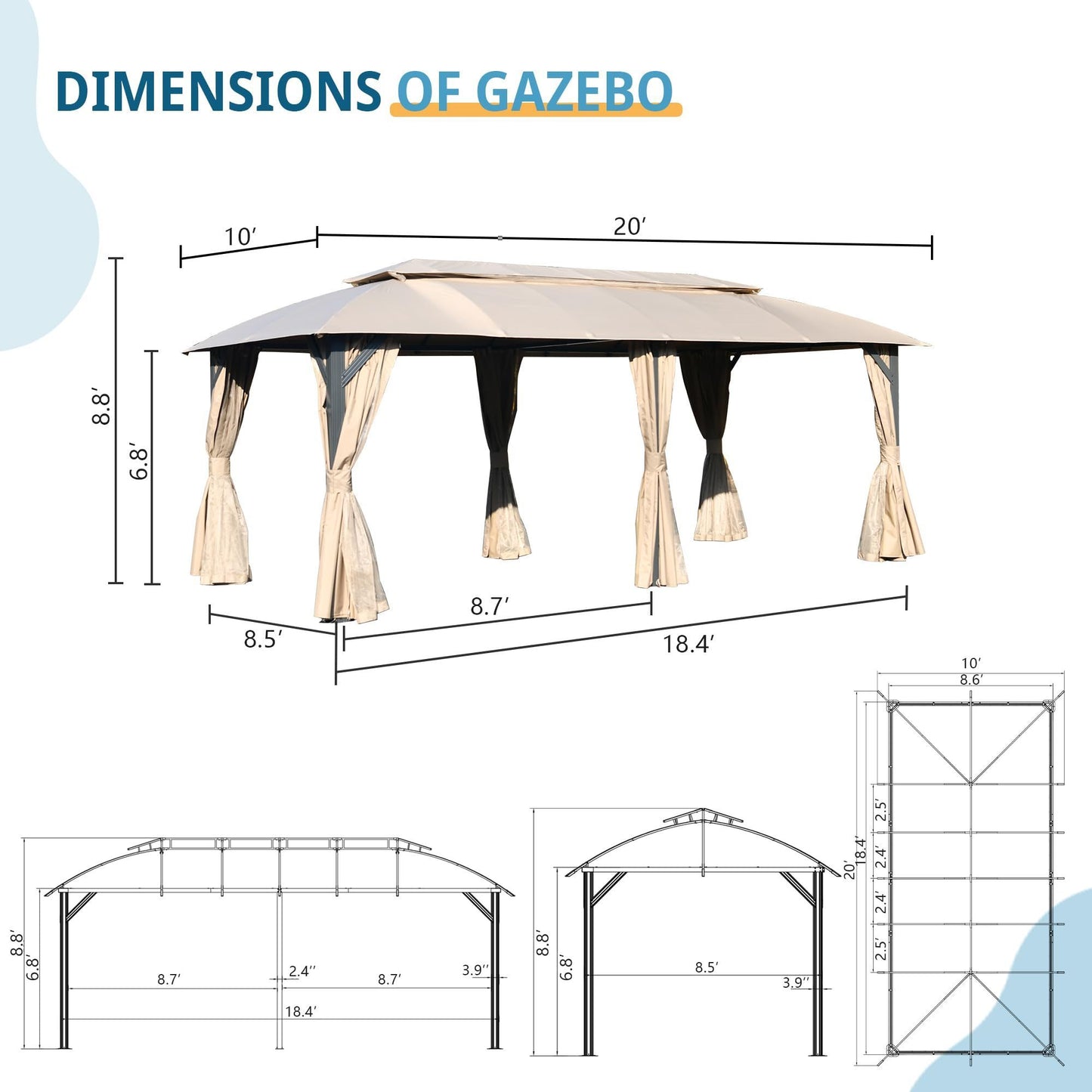 Gazebo 10x20FT, Outdoor Gazebo with Double Roofs, Privacy Curtains, Mosquito Nettings, Heavy Duty Metal Frame Party Tent Canopy for Patio, Backyard, Deck, Lawn, Brown