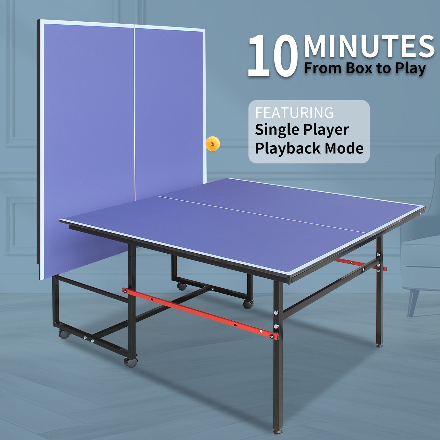 8ft Mid-Size Table Tennis Table Foldable & Portable Ping Pong Table Set for Indoor & Outdoor Games with Net, 2 Table Tennis Paddles and 3 Balls