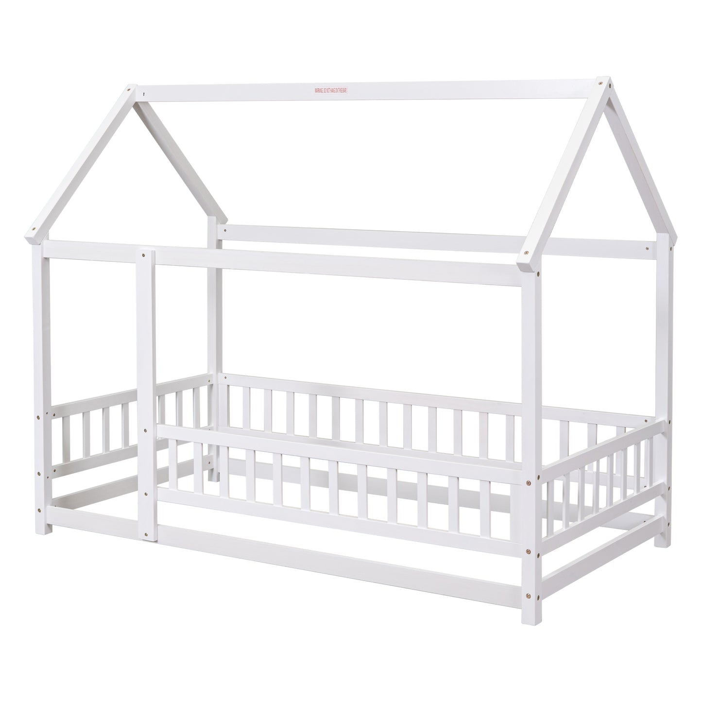 Twin Size Floor Wooden Bed with House Roof Frame, Fence Guardrails,White(Old SKU:W50471472)