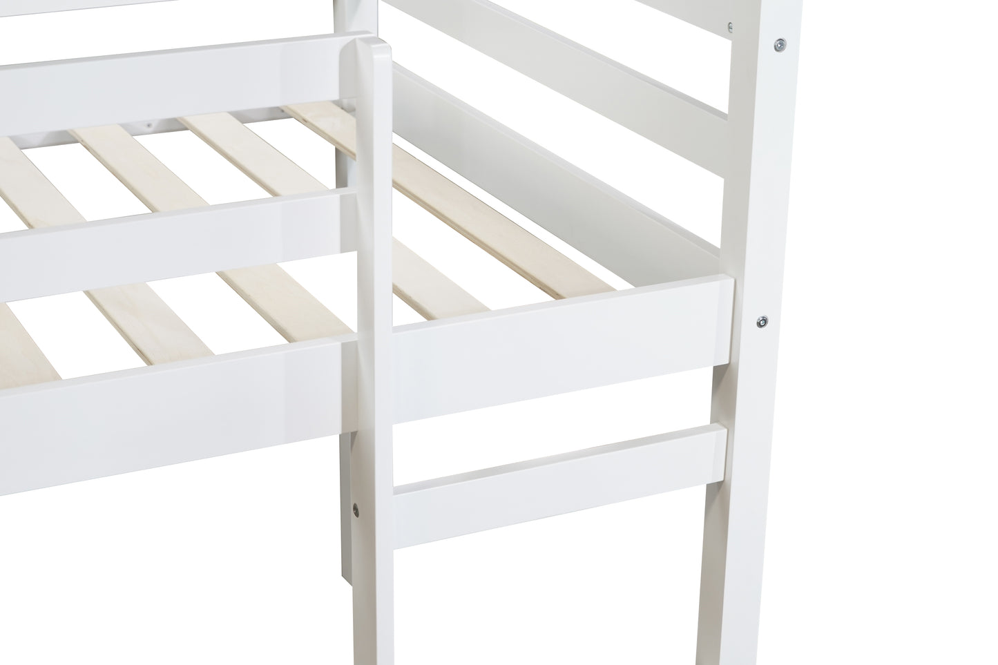 Solid Wooden, Rubber Wooden Twin Loft Bed with Ladder, Bed Platform of Strengthened Slats , White