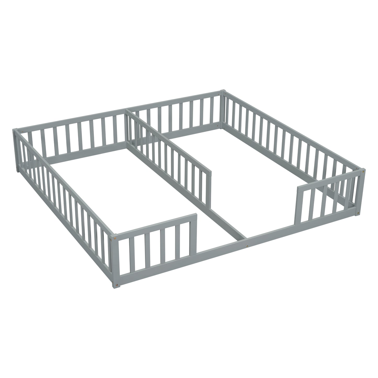 Double Twin Floor Bed with Fence, Guardrails, without door, Grey