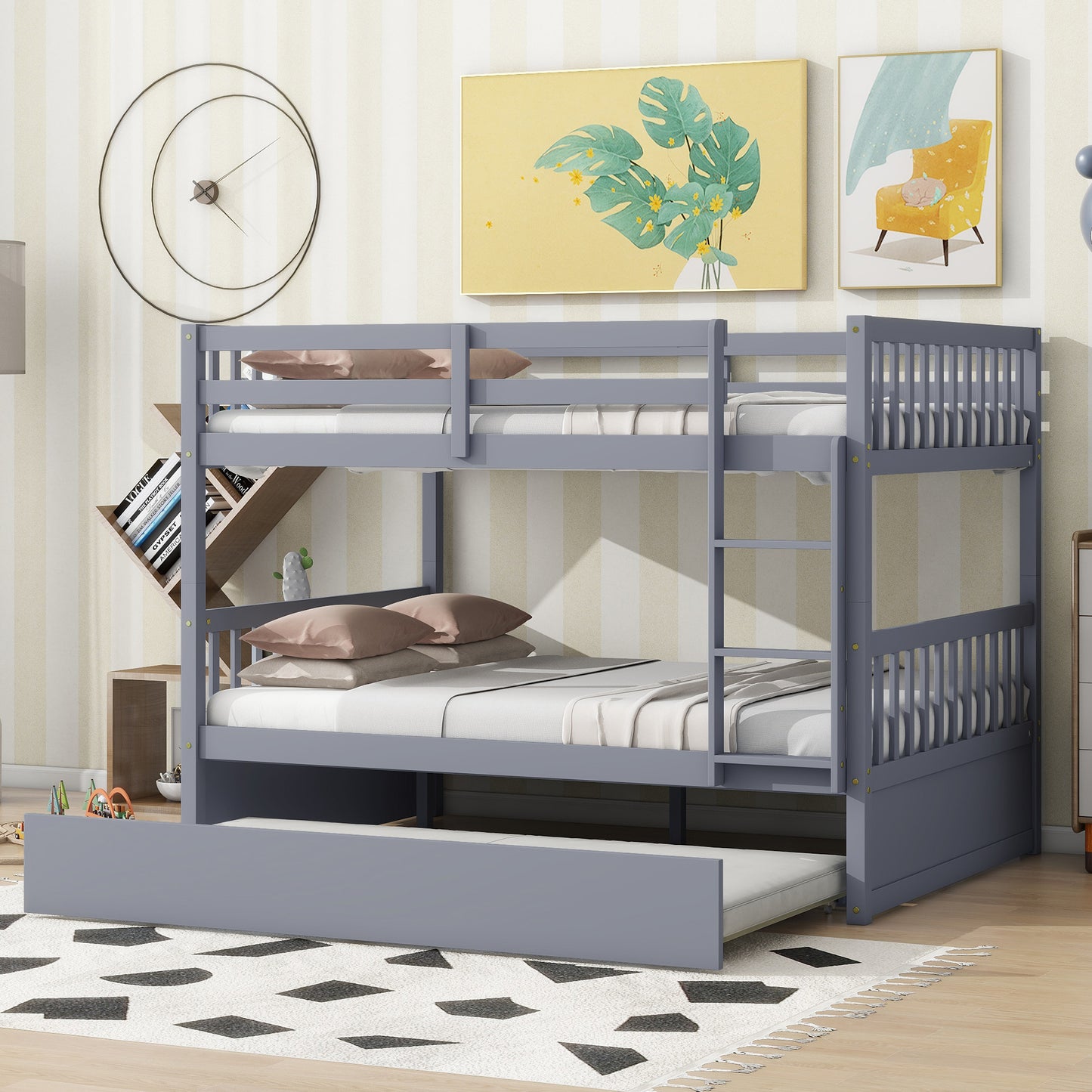 Full Over Full Rubber Wood Bunk Bed with Trundle, Ladder and Guardrails, Convertible to 2 Full Size Beds, with Twin Size Trundle ,Grey(Old Sku:W504S00250)